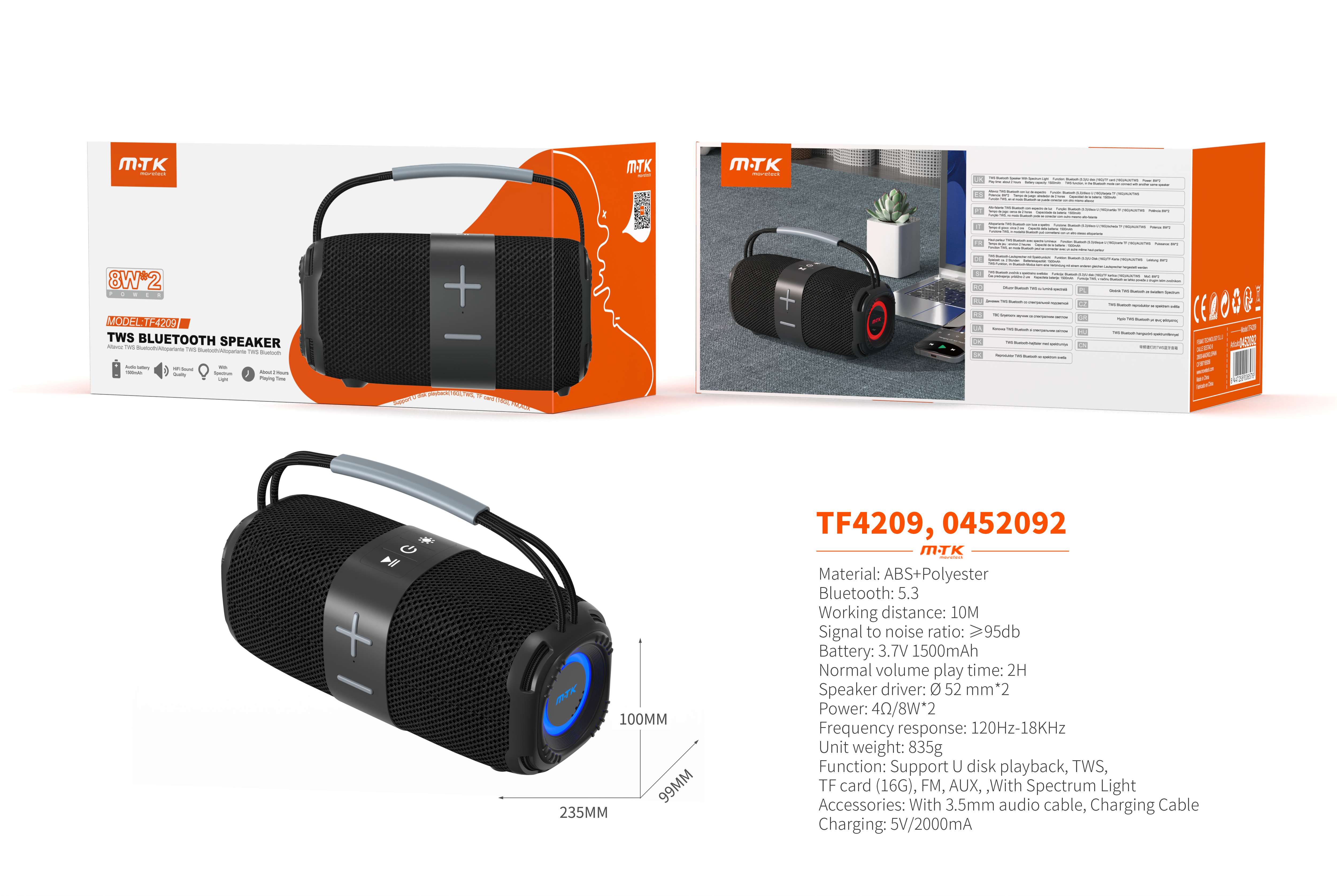 TF4209 NE Altavoz HIFI TWS Bluetooth 5.3, Con Luz espectro,Soporta USB/FM/TF/AUX , Bateria 1500mAh/2