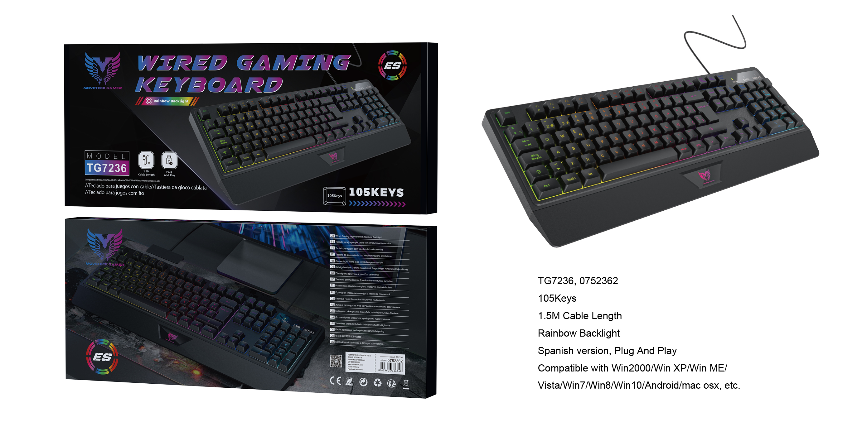 TG7236 NE Teclado Gaming Espanol 105 Keys, Con Luz LED, Cable 1.5M, Negro