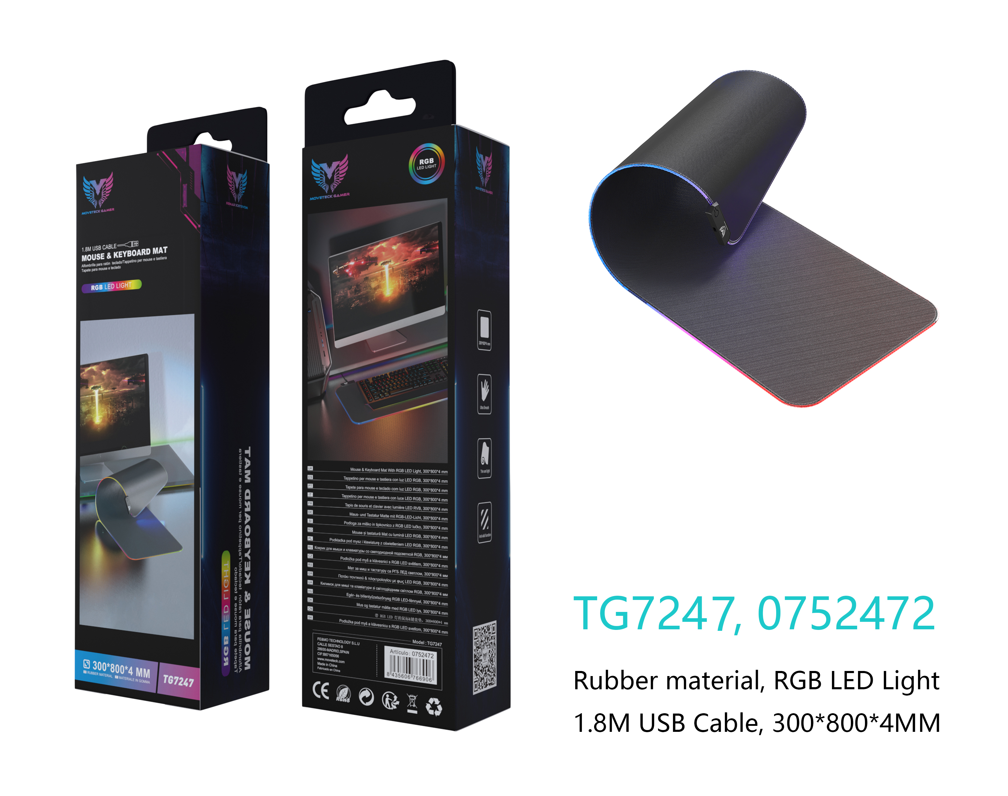 TG7247 NE Alfombrilla Gaming para Teclado y Raton con Luz RGB, 300*800*4mm, Cable USB 1.8M, Negro