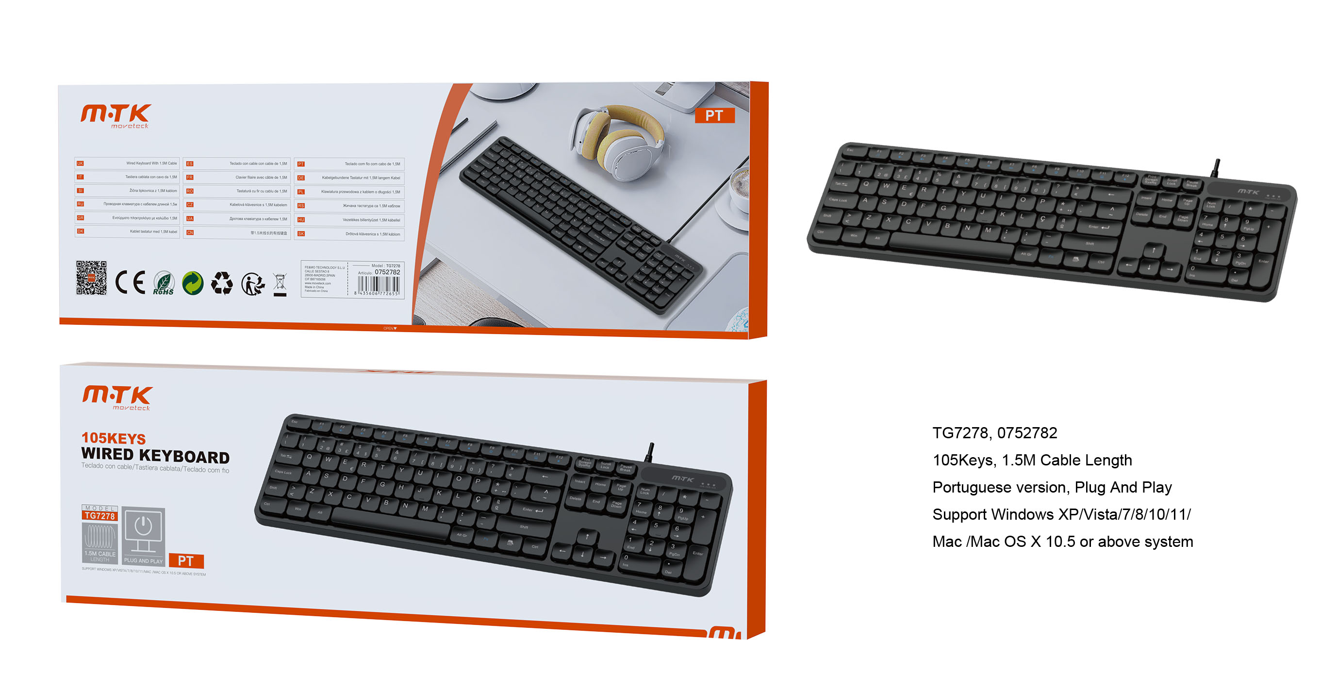 TG7278 NE Luxury Teclado Portugues 105 Keys, Cable 1.5M, Negro