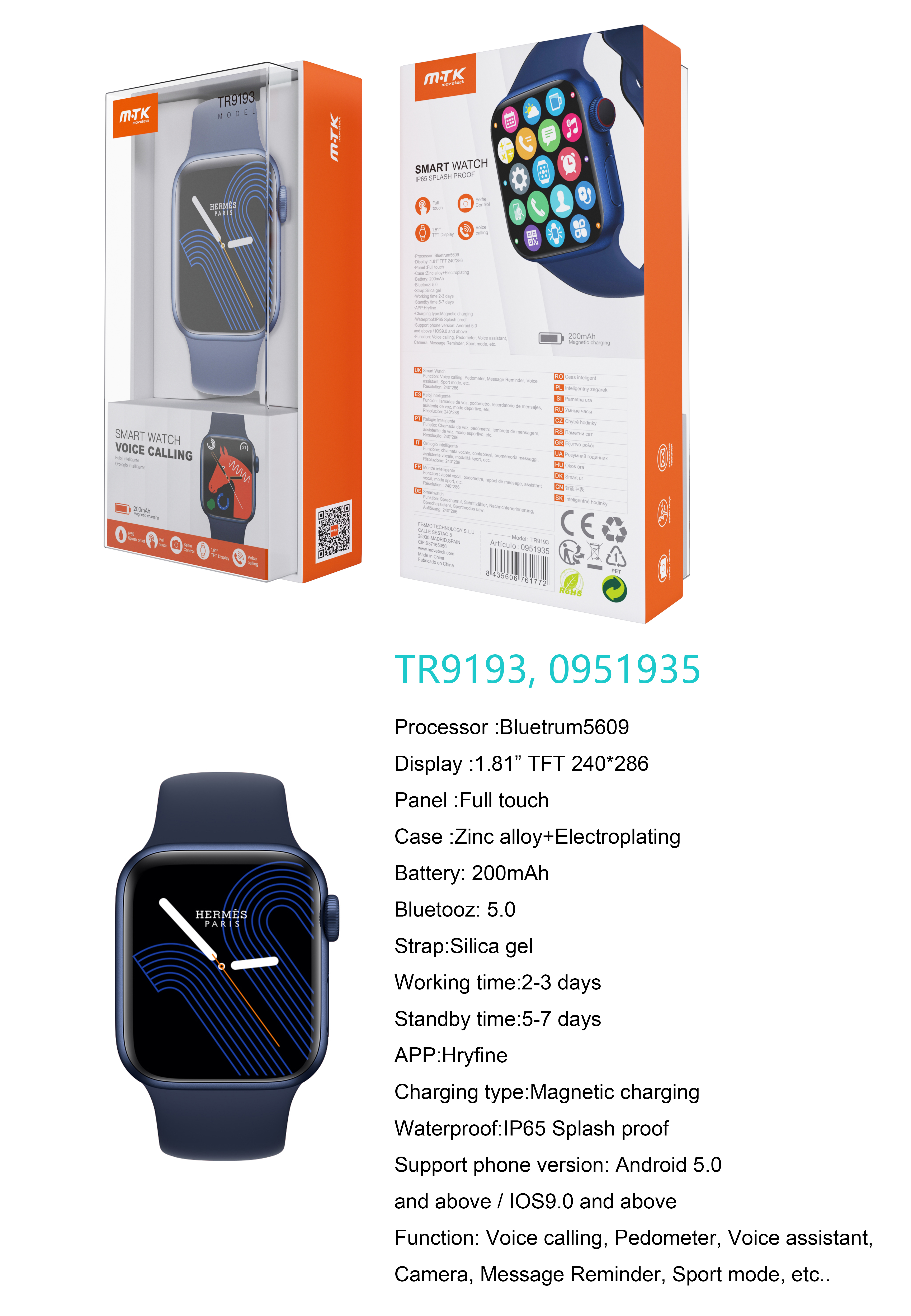 TR9193 AZ Reloj Inteligente con bluetooth 5.0, Pantalla tactil de 1.81 pulgadas, Soporta llemadas, Asistente de Voz,Impermeable IP65, Bateria 200mAh,