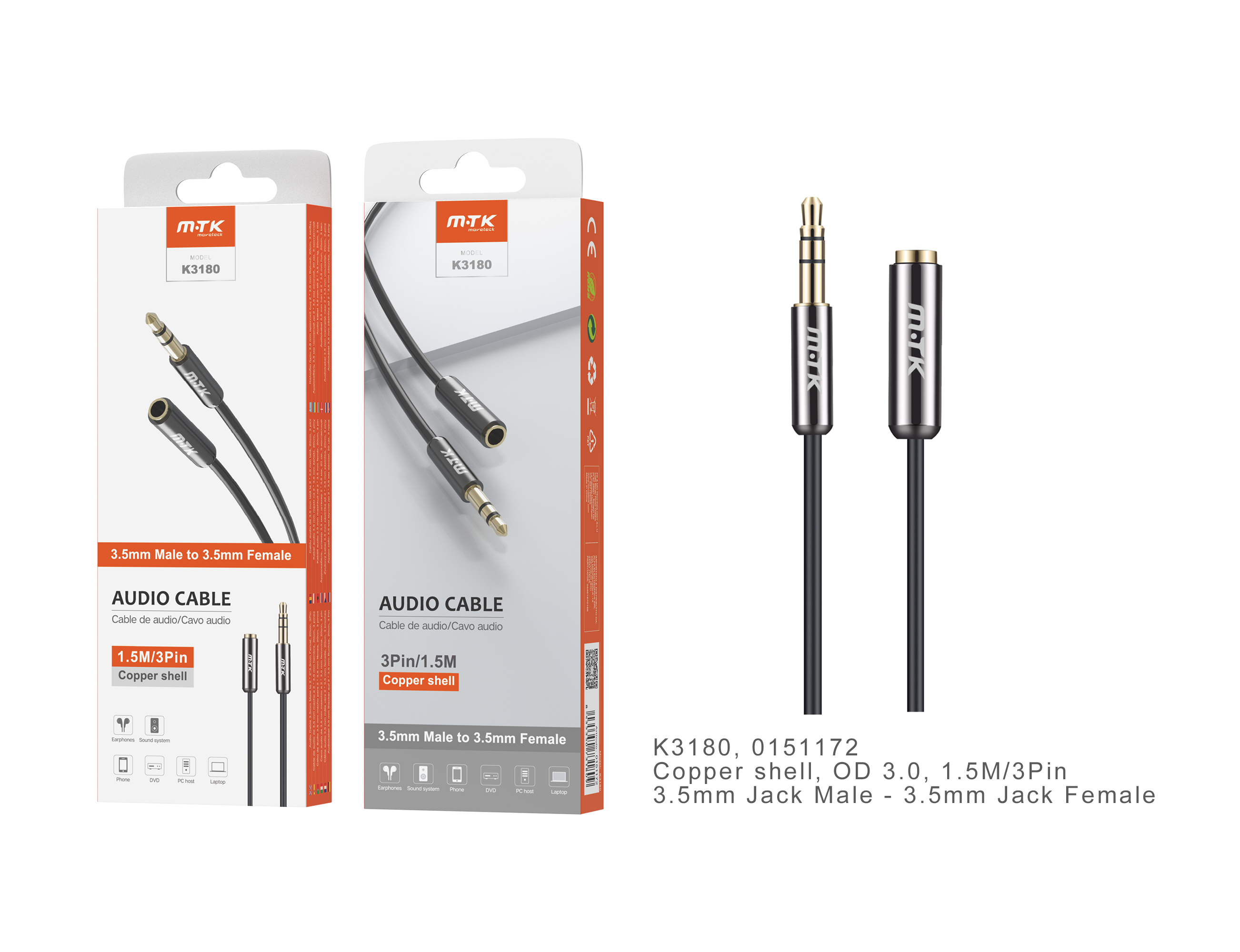 04030062 K3180 Cable Audio Metal 3.5mm a 3.5mm Hembra oro bañado 
3pin, 1.5m
