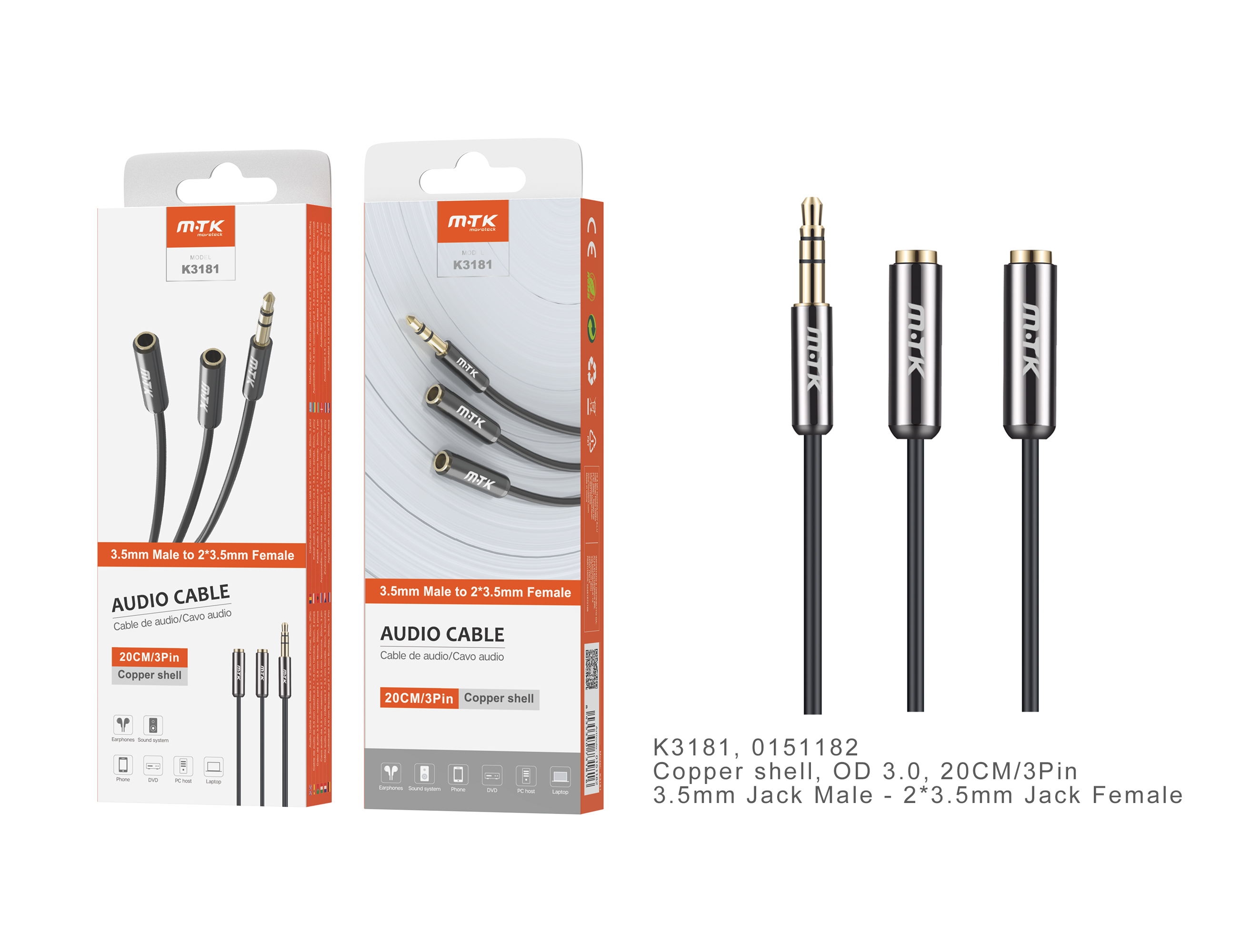 04030072 K3181 Cable Audio Metal 3.5mm a 2*3.5mm Hembra, Oro Bañado, 3pin 0,2m