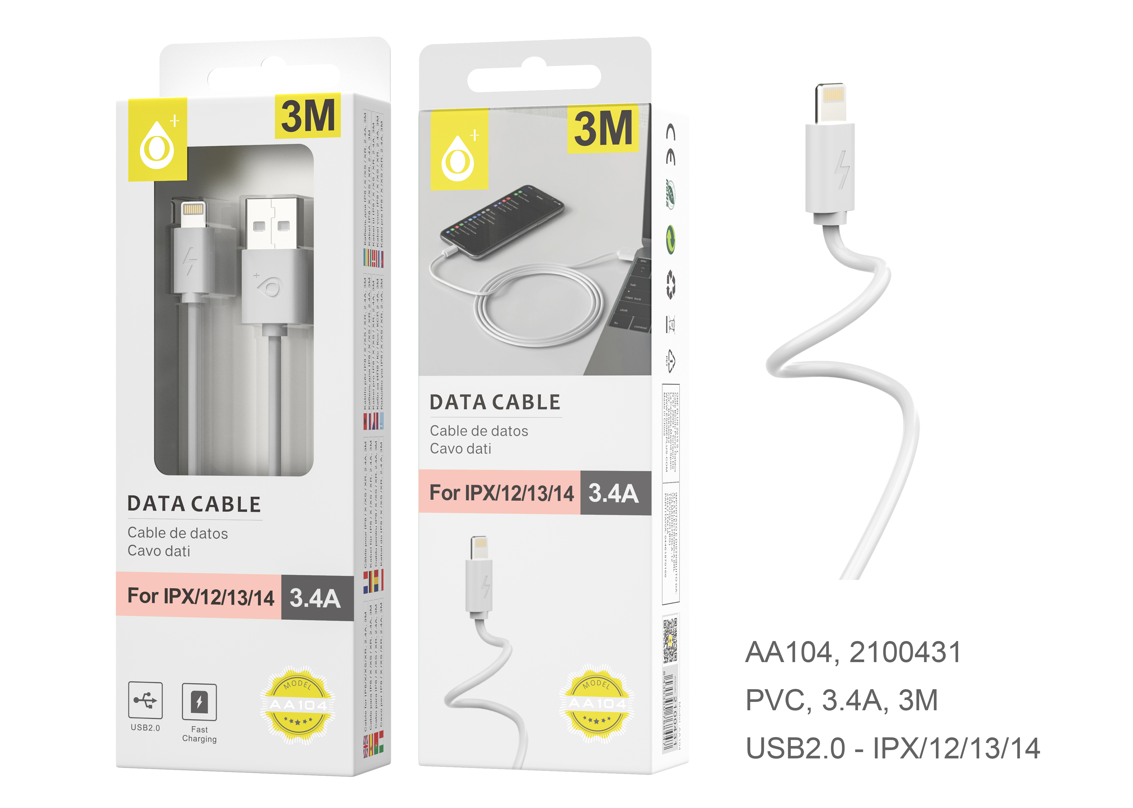 23101041 AA104-Cable de dato Para Iphone 6 2.4A, 3M Blanco