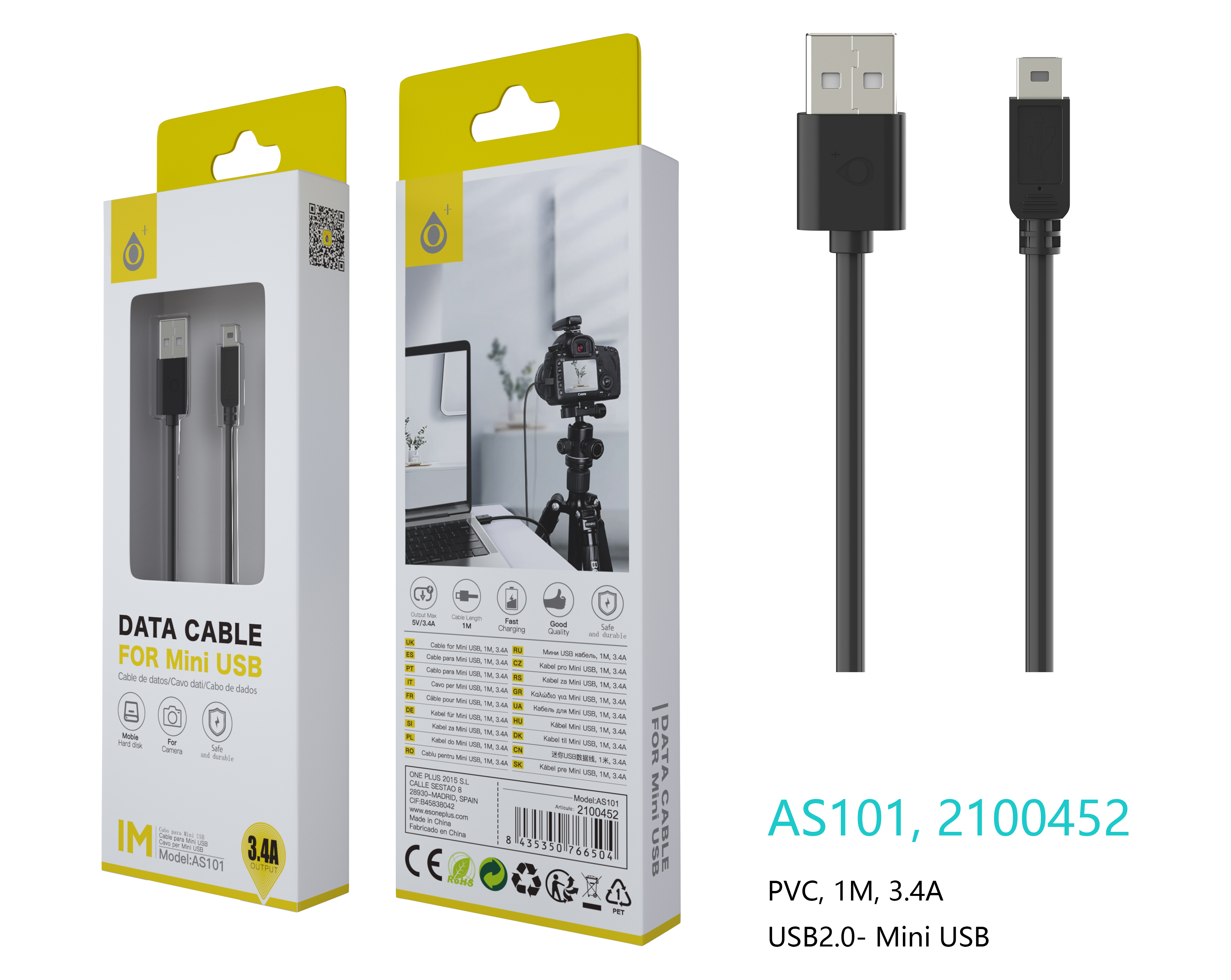 23102012 AS101 NE Cable de Datos ONE para Mini USB Maxium 2,0A 1M, Negro