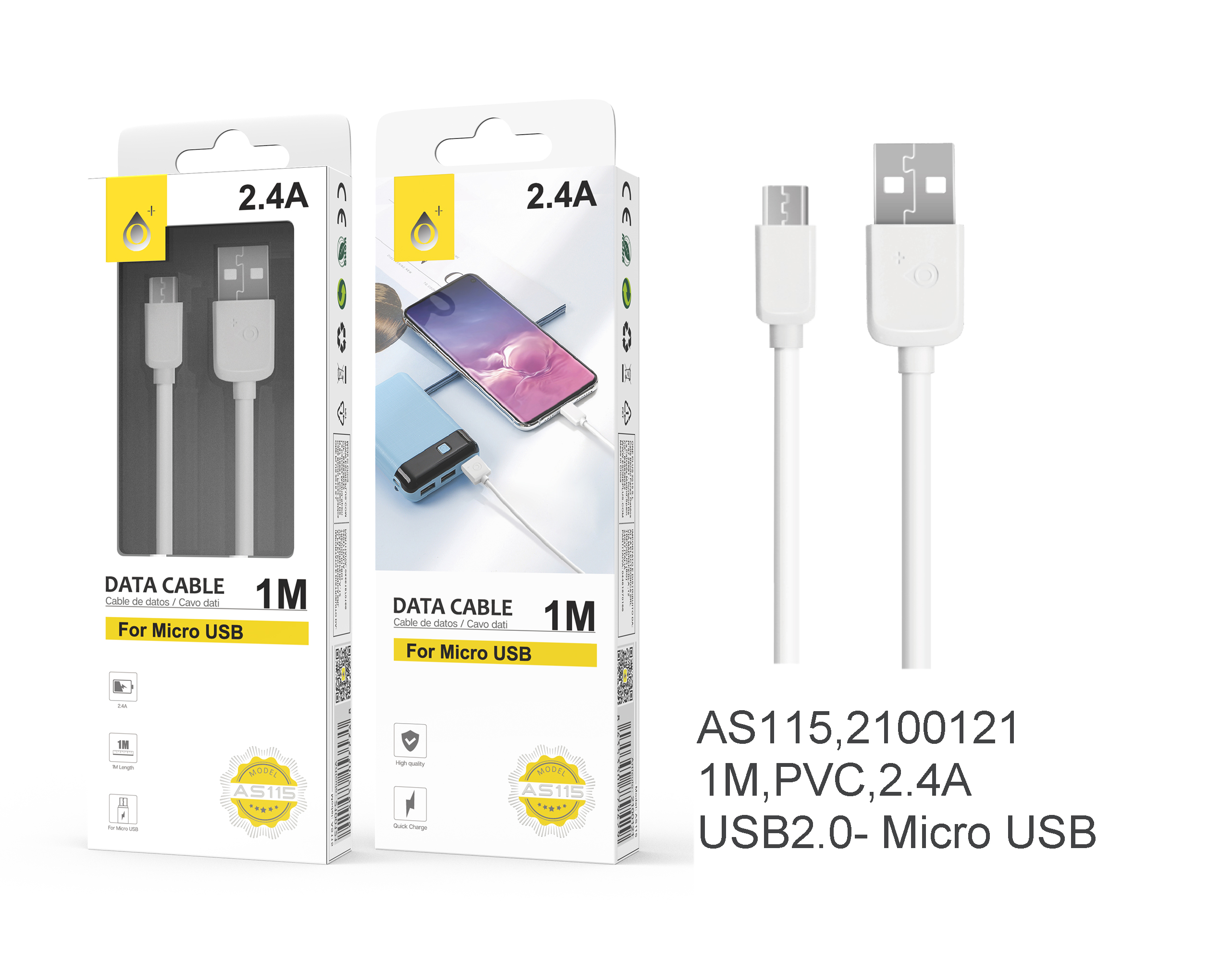 23102151 AS115-BL Cable de datos para Micro USB, 2A, 1M Blanco