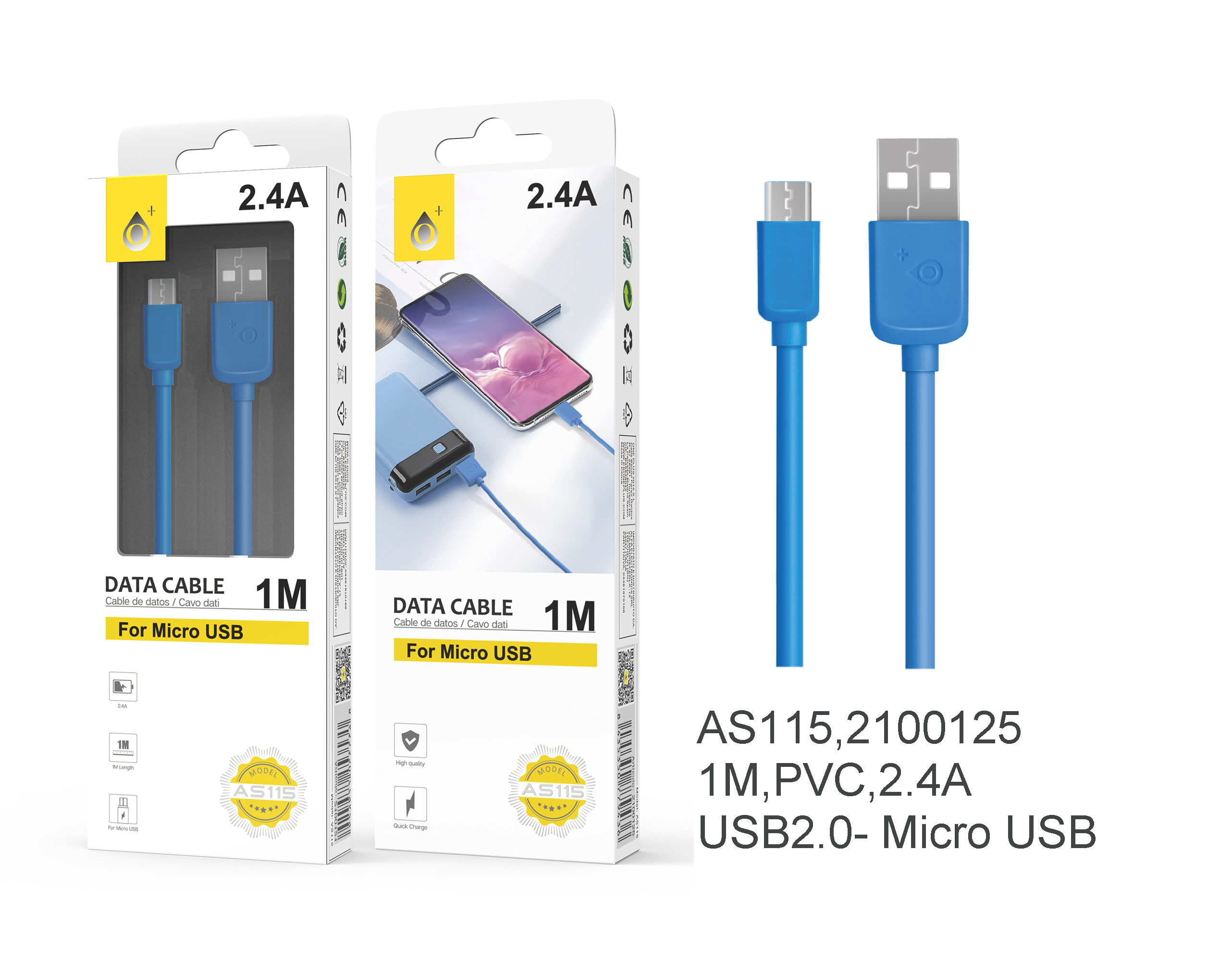 23102155 AS115-AZ Cable de datos para Micro USB, 2A, 1M Azul