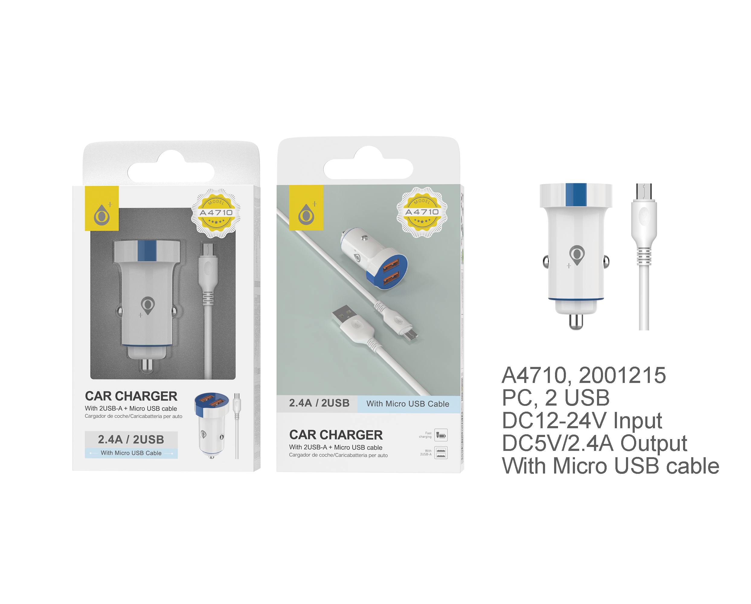 A4710 BL+AZ Cargador Mechero SURI con Cable Micro USB, 2 USB , 2.4A, Blanco + Azul