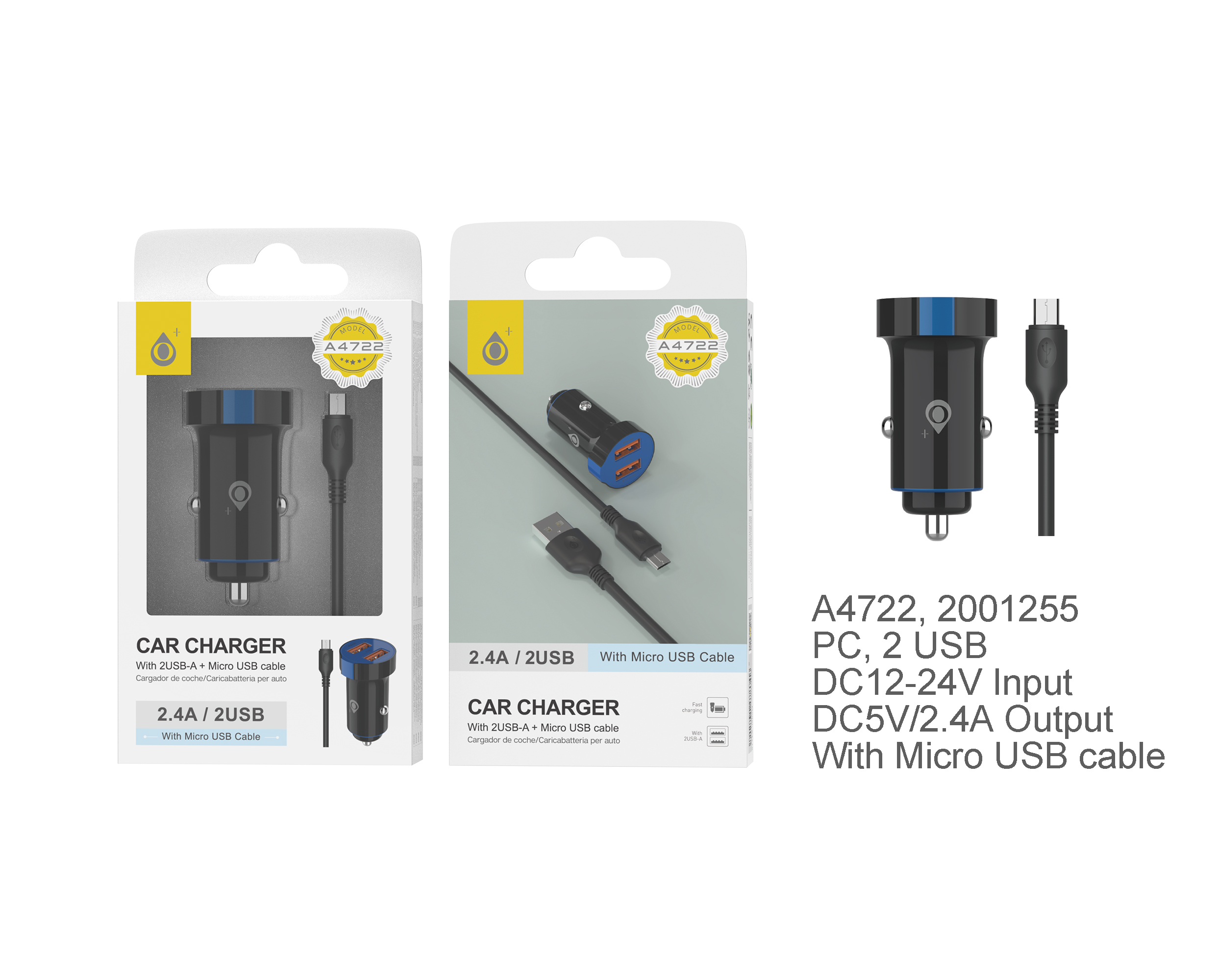 A4722 NE+AZ Cargador Mechero SURI con Cable Micro USB, 2 USB , 2.4A,Negro + Azul