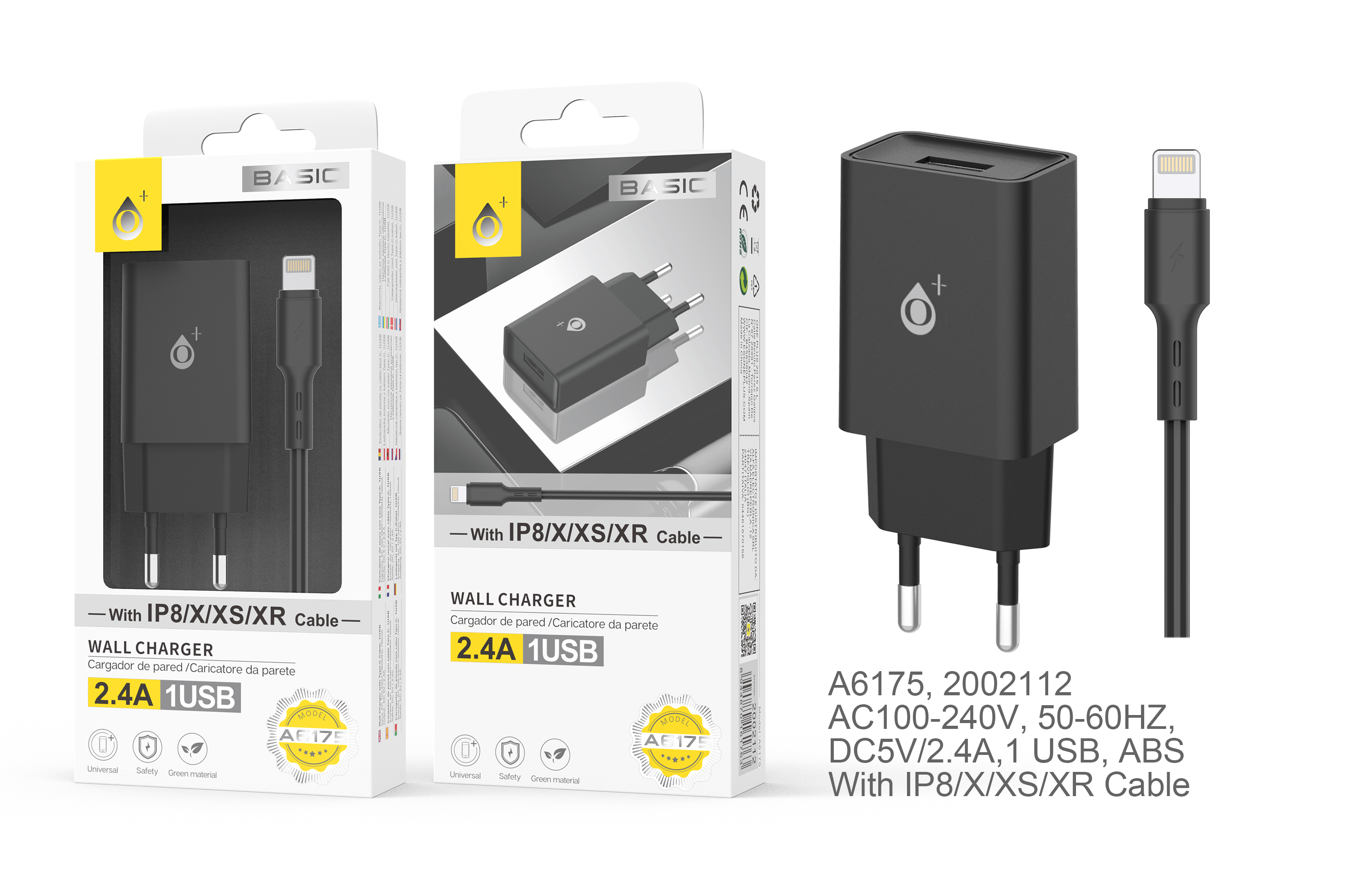 A6175 NE Cargador de Red S.Basic Wilson 1 USB con cable IP5/6/7/8/X/11 , 2.4A , Negro