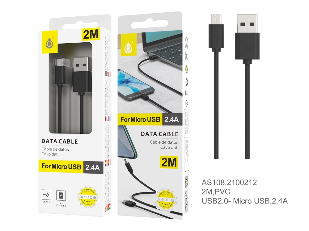 AS108 NE Cable de Datos para Micro USB, 2A 2M, Negro