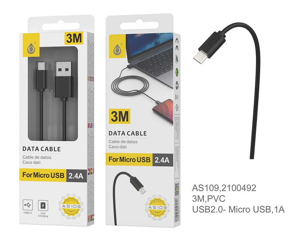 AS109 NE Cable de Datos para Micro USB, 2.4A 3M, Negro