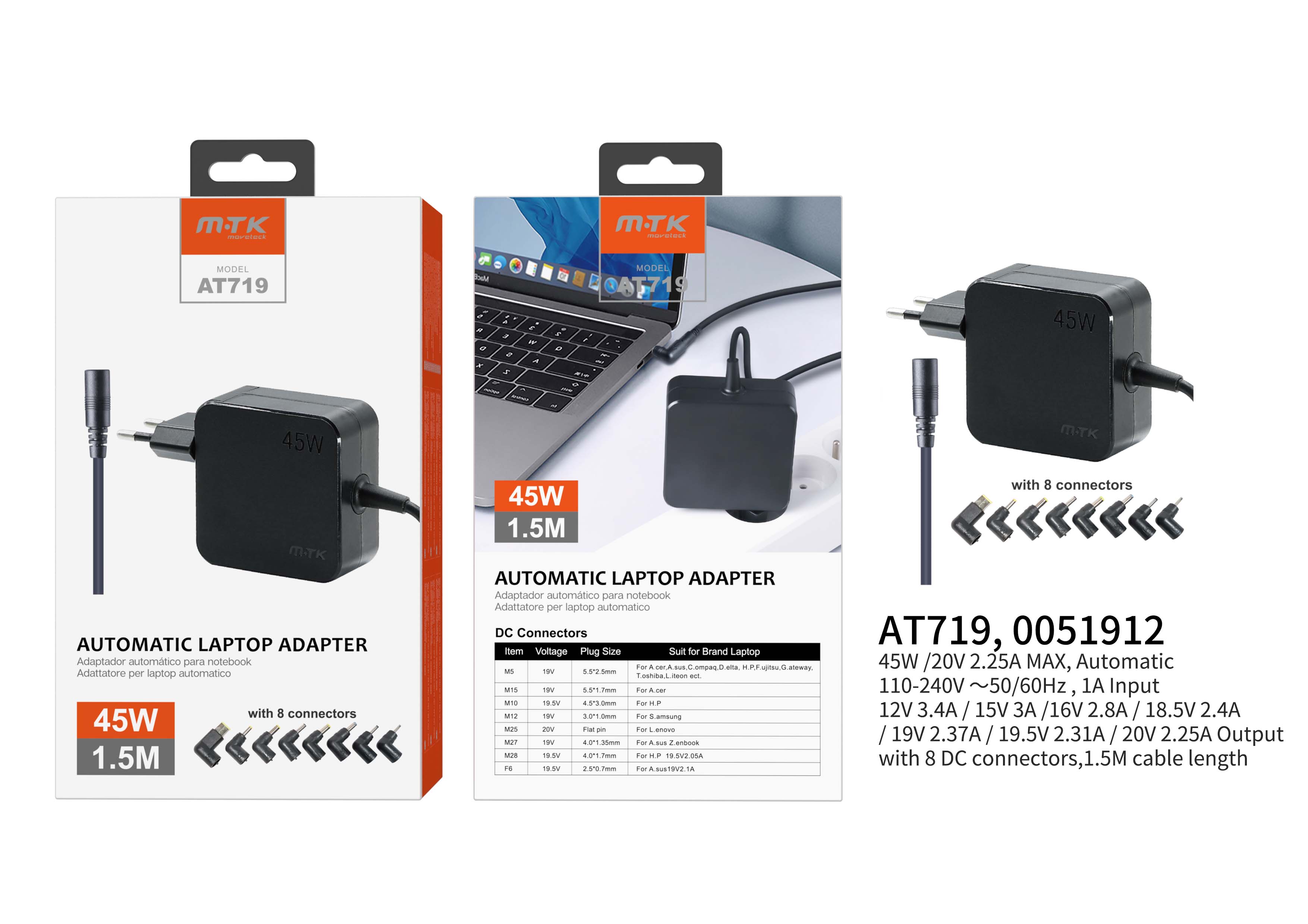 AT719 NE Cargador Universal Automatica  con 8 conectores para notebook ,45W,1.5M,Negro