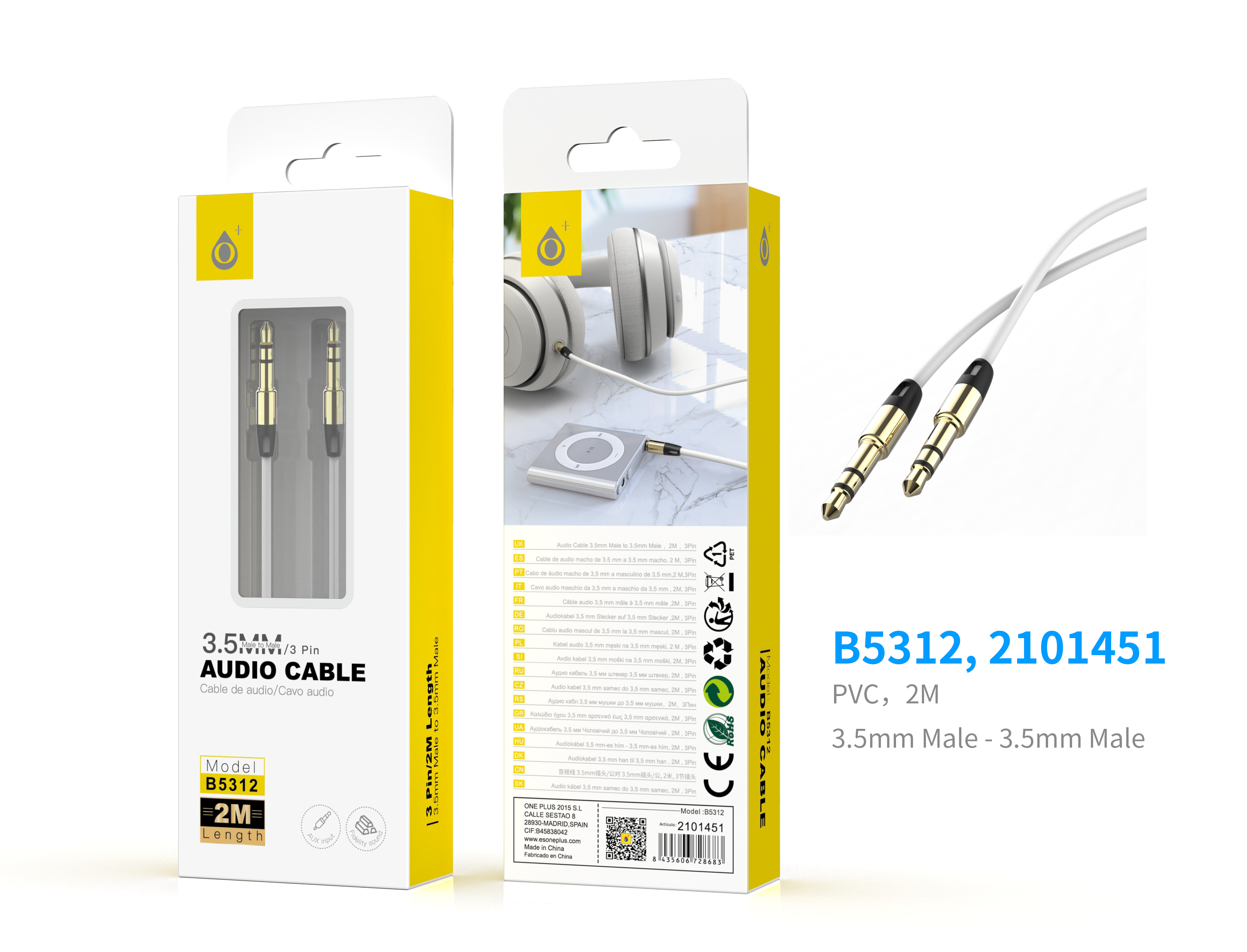B5312 BL Cable Audio Plank M/M 3.5mm, conector metálico, 2 M , Blanco