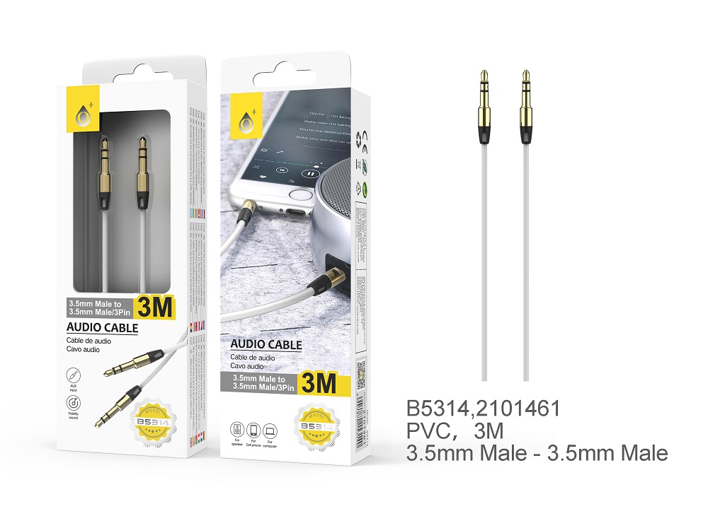 B5314 BL Cable Audio Plank M/M 3.5mm, conector metálico, 3 M , Blanco