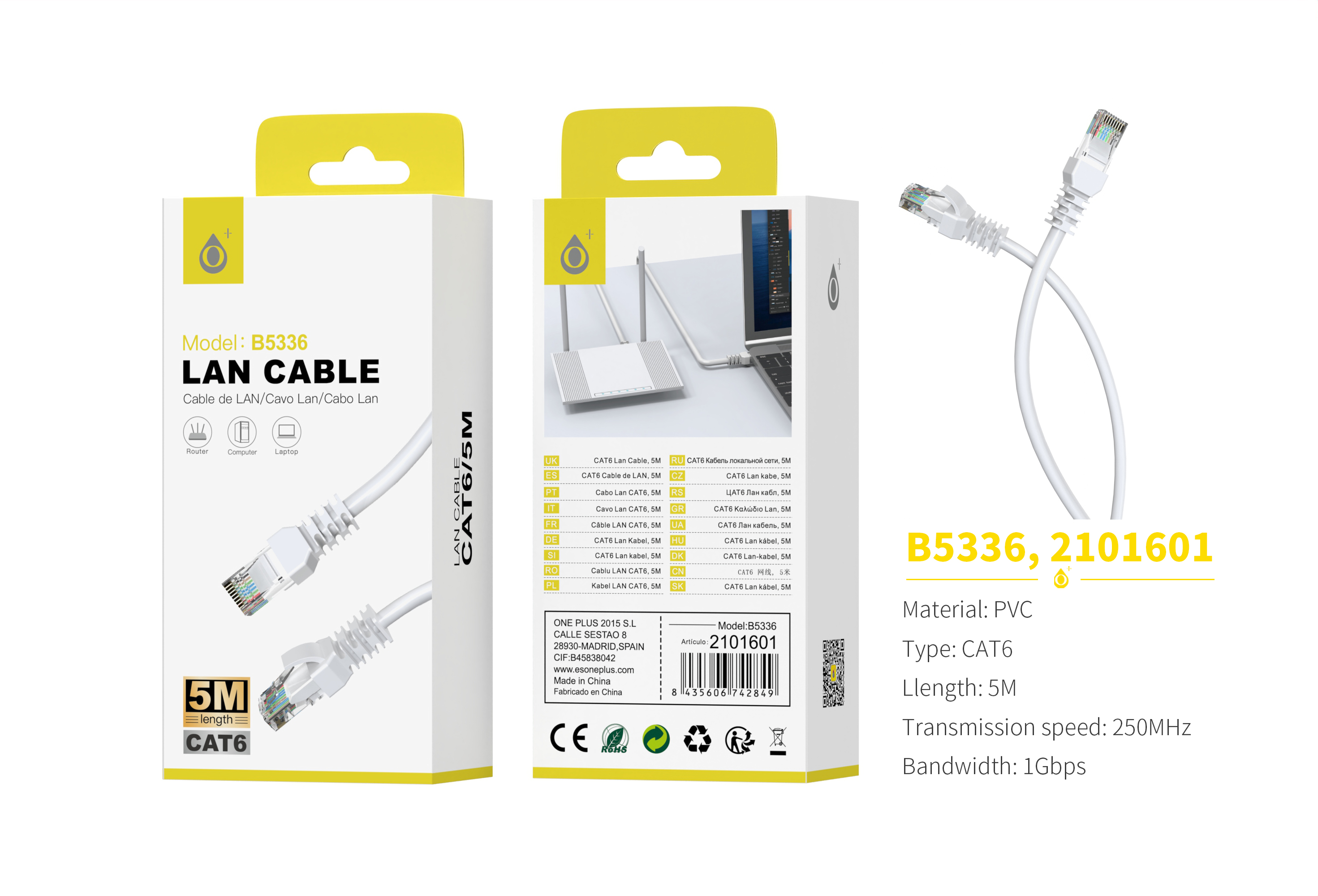 B5336 BL Cable Internet CAT6, 5M, Blanco