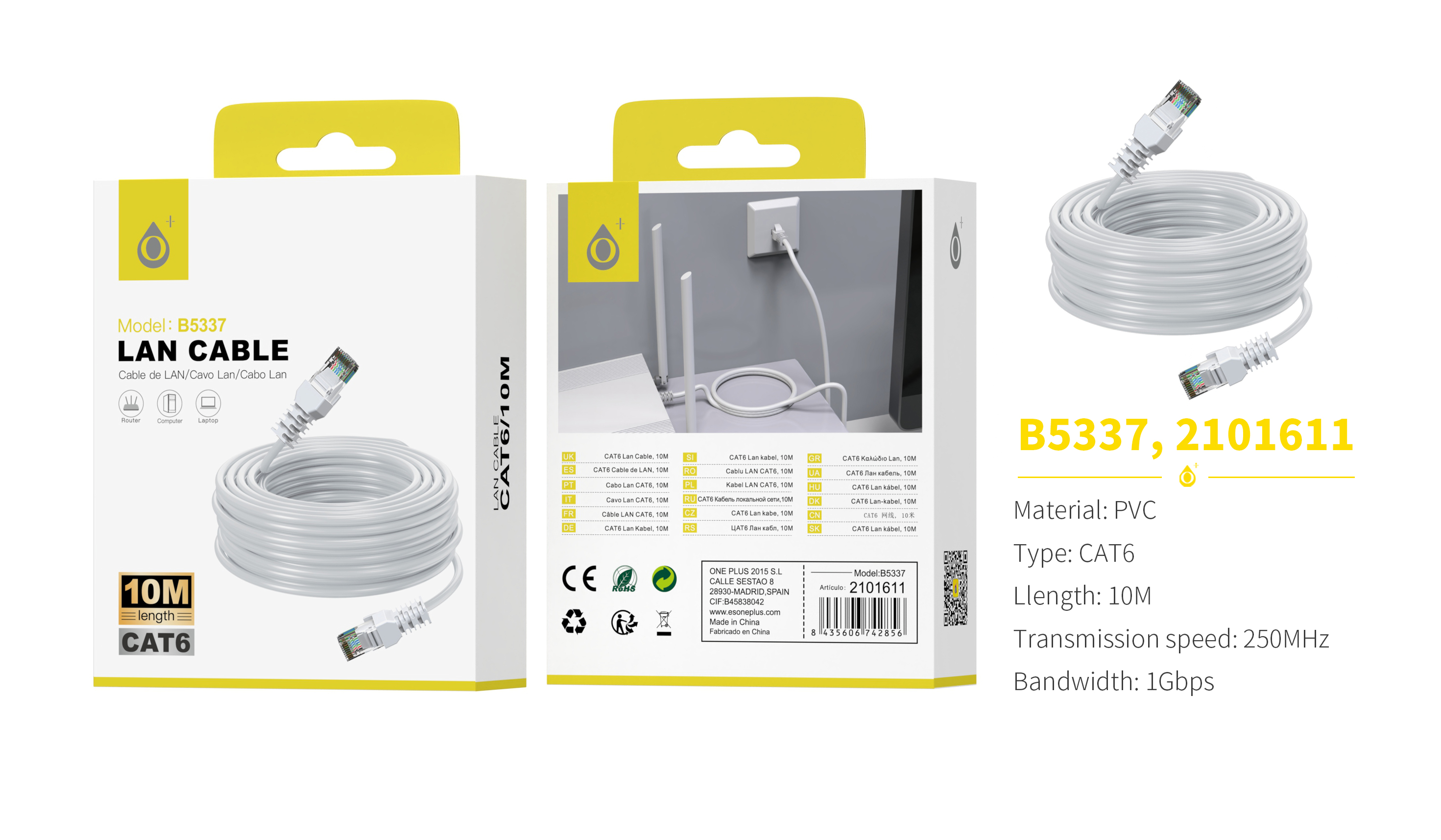 B5337 BL Cable Internet CAT6, 10M, Blanco