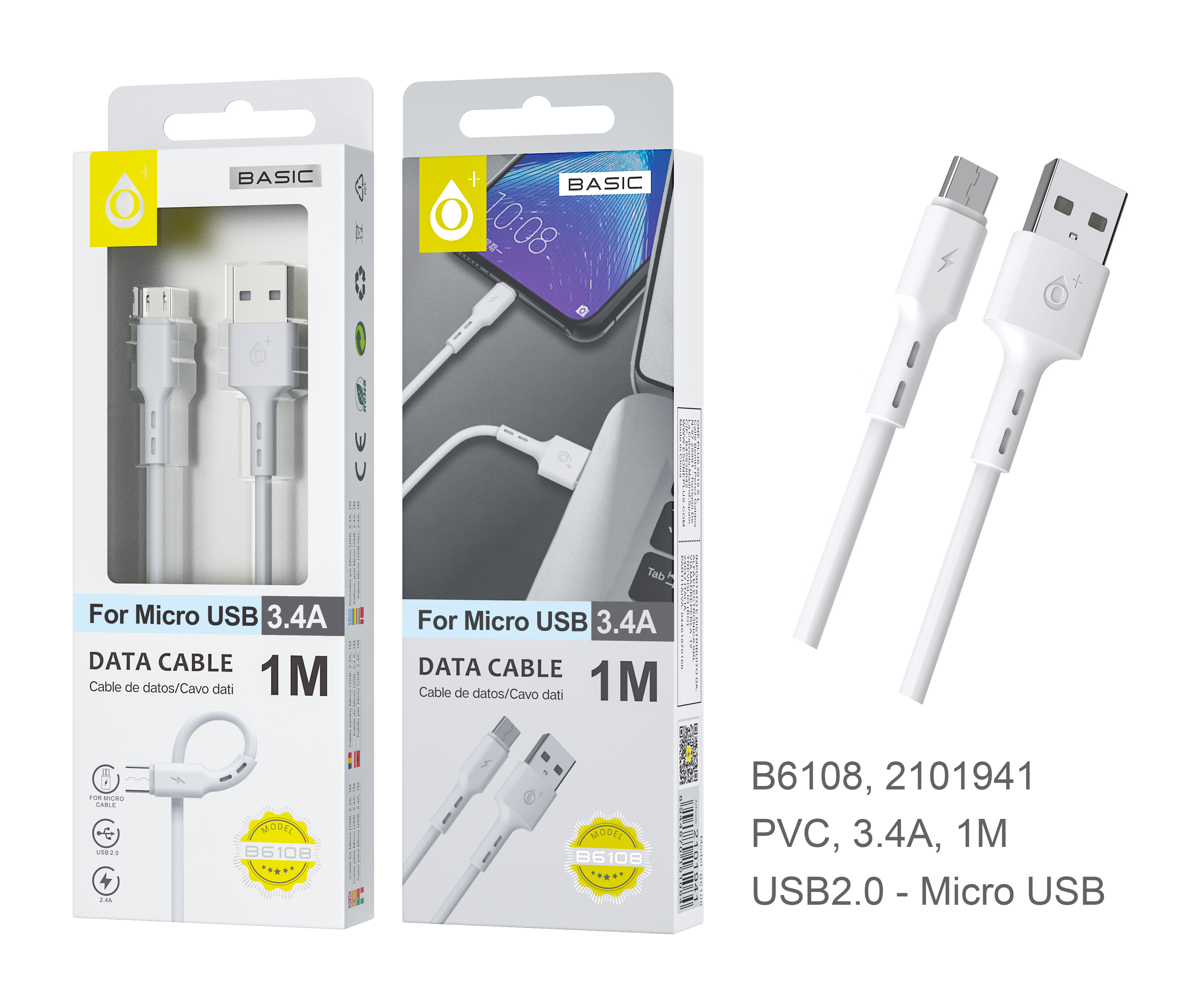 B6108 BL Cable de datos S.Basic Flute para Micro USB, 1M, 3.4A, Blanco