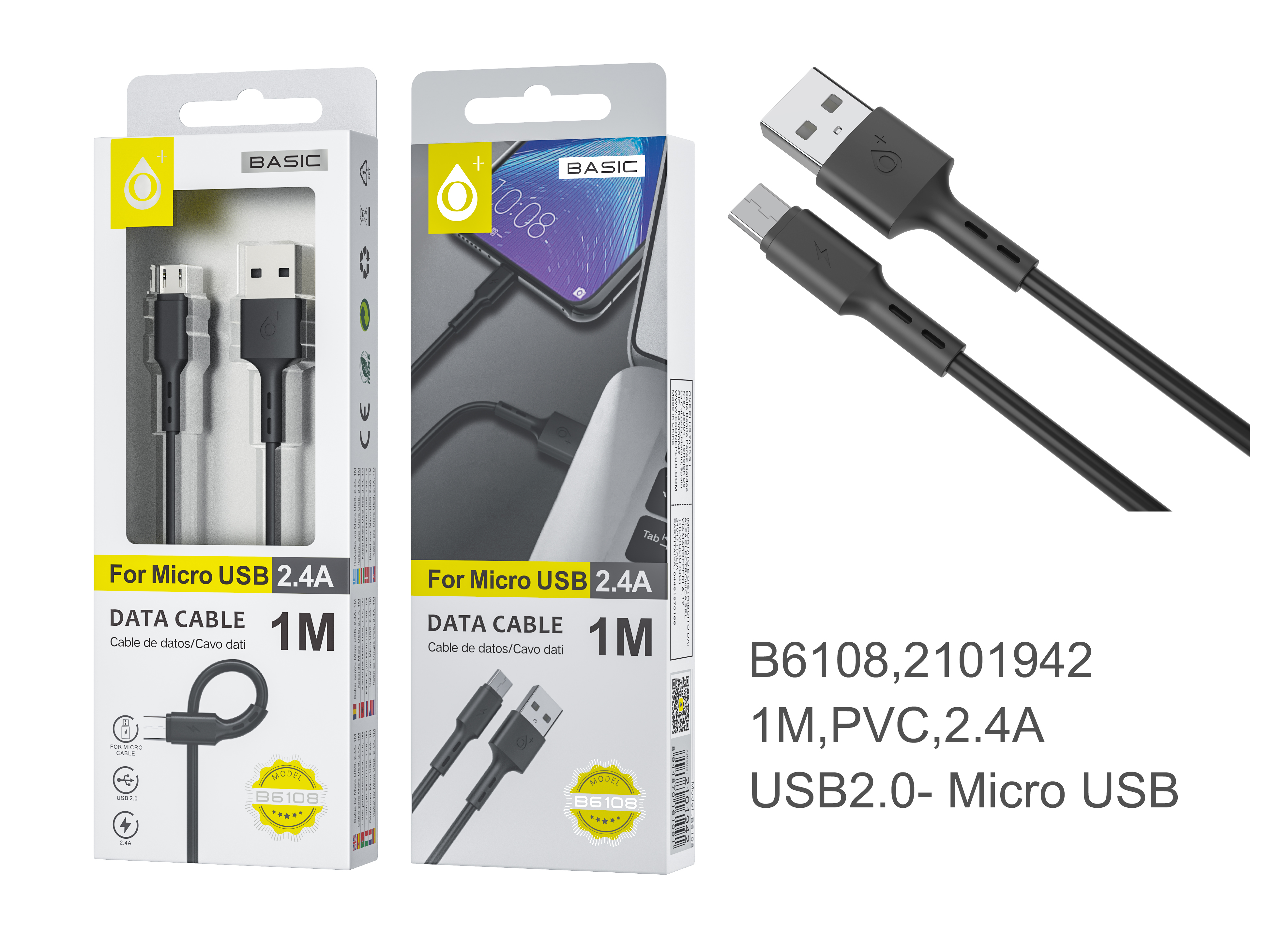 B6108 NE Cable de datos S.Basic Flute para Micro USB, 1M, 2.4A, Negro