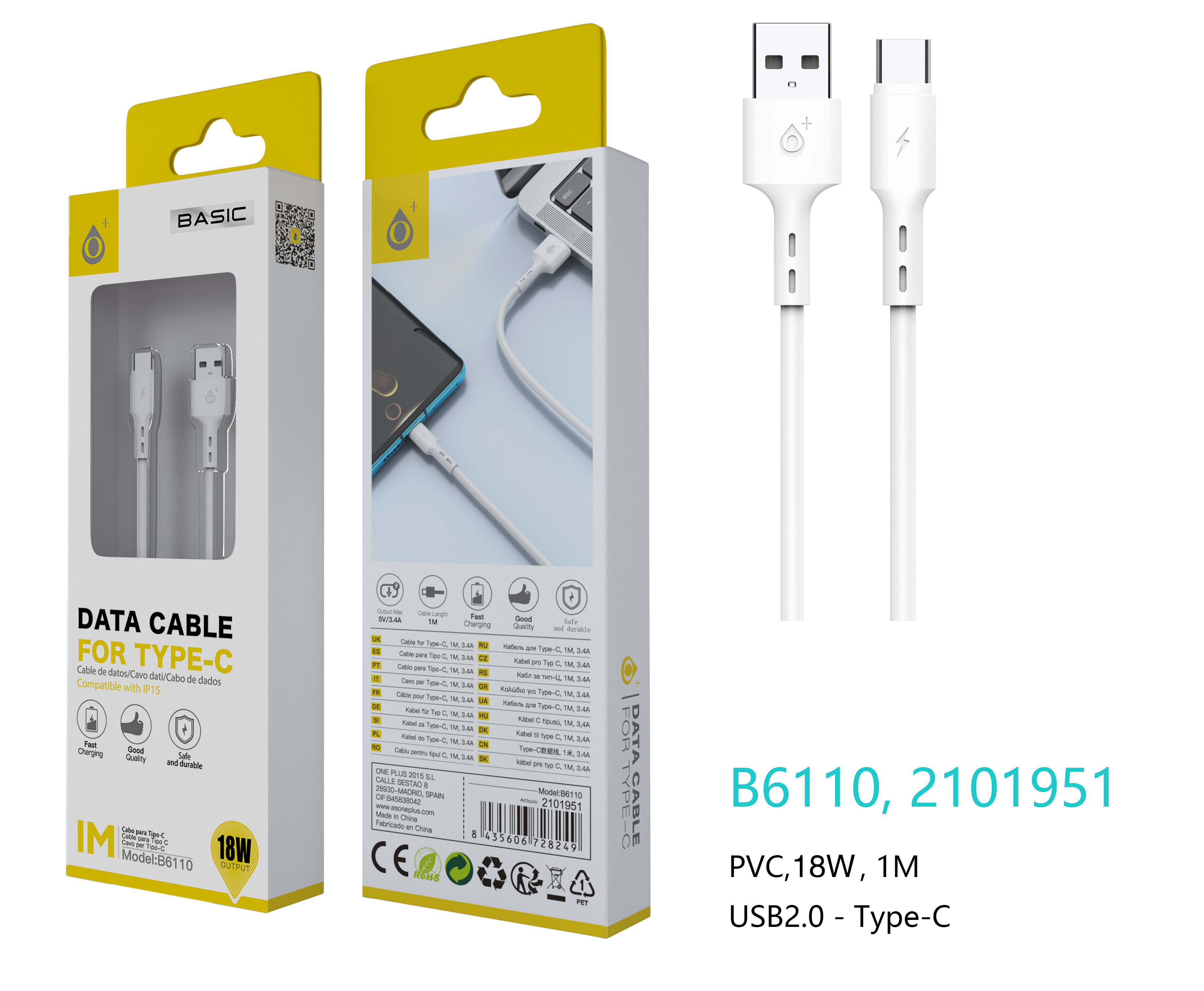 B6110 BL Cable de datos S.Basic Flute para Type C, 1M, 2.4A, Blanco