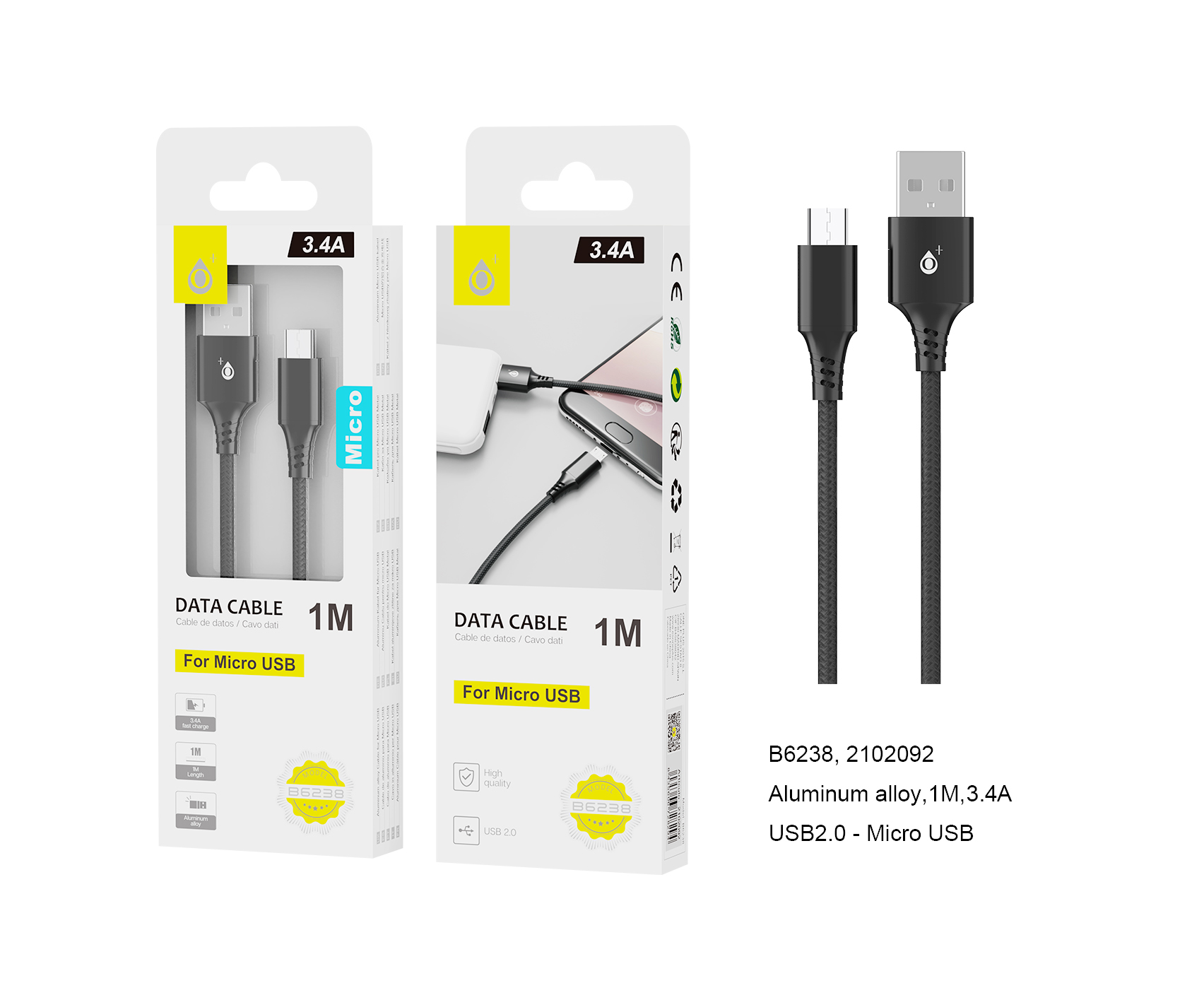B6238 NE Cable de datos Aluminio S.Basic Giova para Micro USB, 3.4A, 1M , Negro