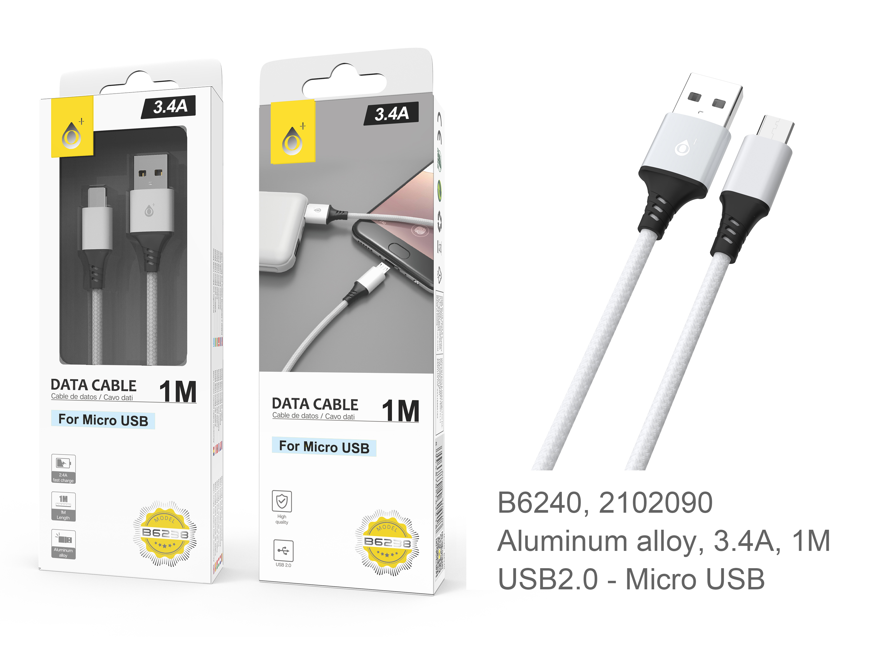 B6238 PL Cable de datos Aluminio S.Basic Giova para Micro USB, 3.4A, 1M , Plata