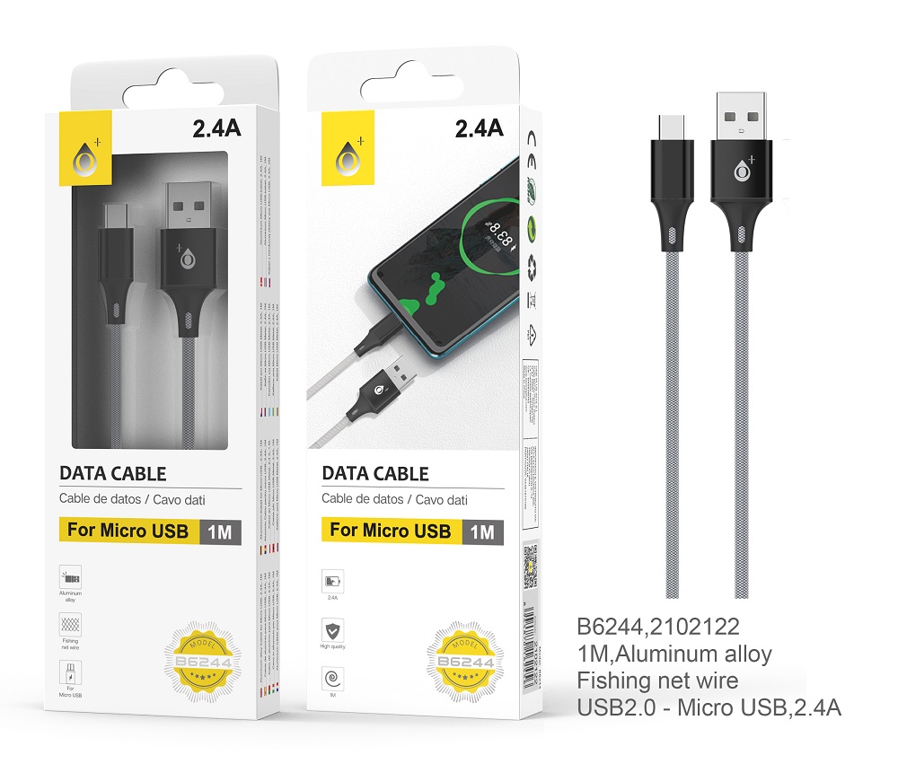 B6244 NE Cable de datos Aluminio Kratos para Micro USB, 2.4A , 1M, Negro