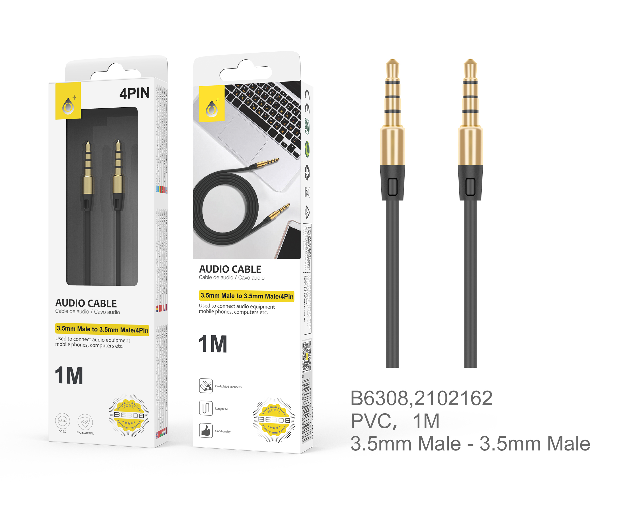 B6308 NE Cable de audio M/M 3.5mm , 4Pin Soporta al uso de Microfono, 1M , Negro