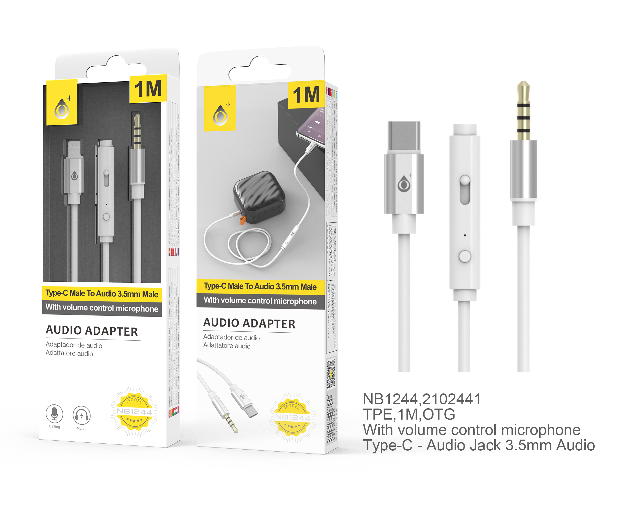 BL NB1244 Cable Adaptador Audio Type C a 3,5mm Audio, M-M, con Microfono, Control de volumen y Boton multifuncion, 1M, Blanco