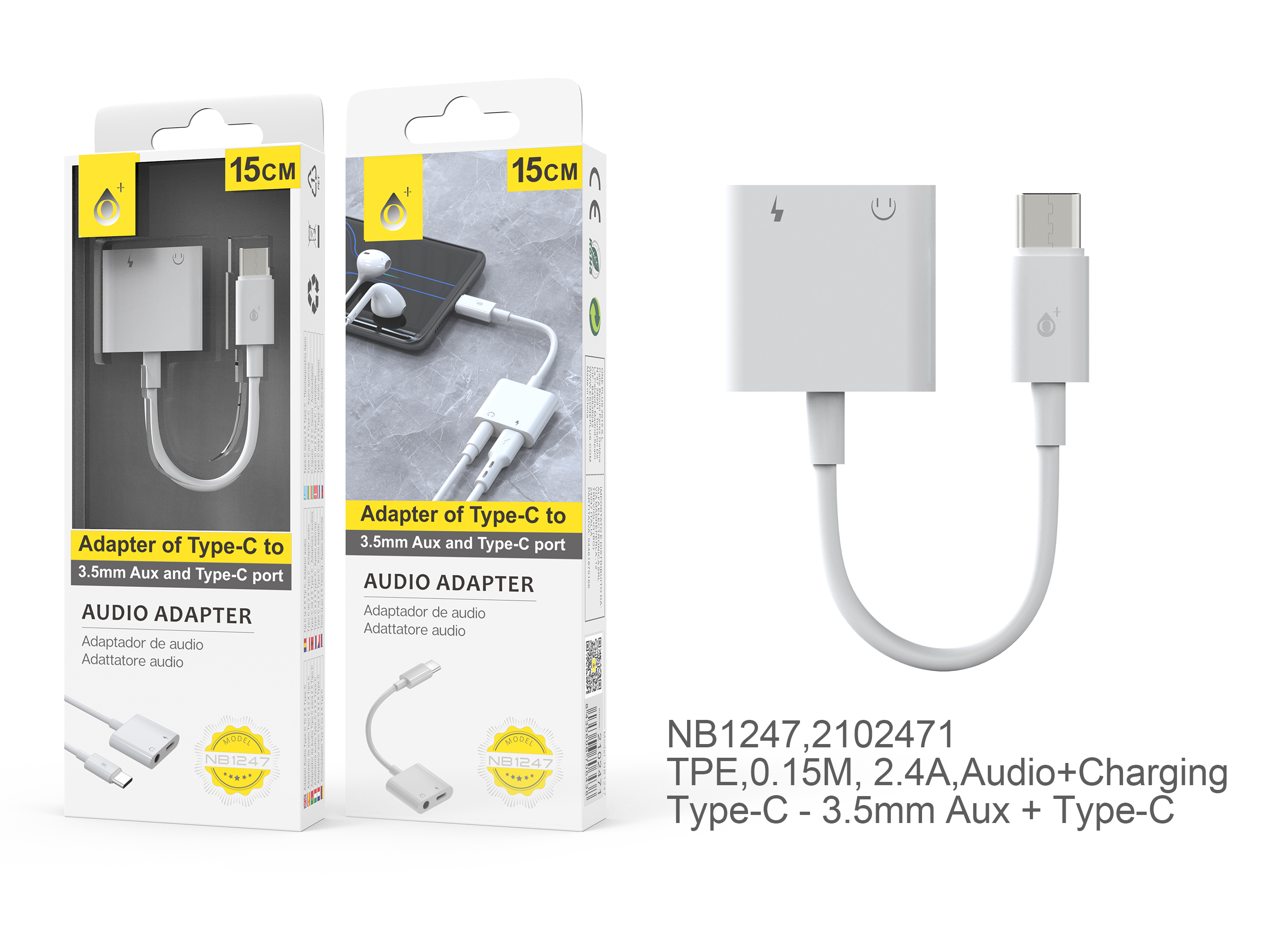 BL NB1247 Cable Adaptador 2 En 1  TYPE C a Carga TYPE C +Audio 3,5mm , 0,15M, Blanco