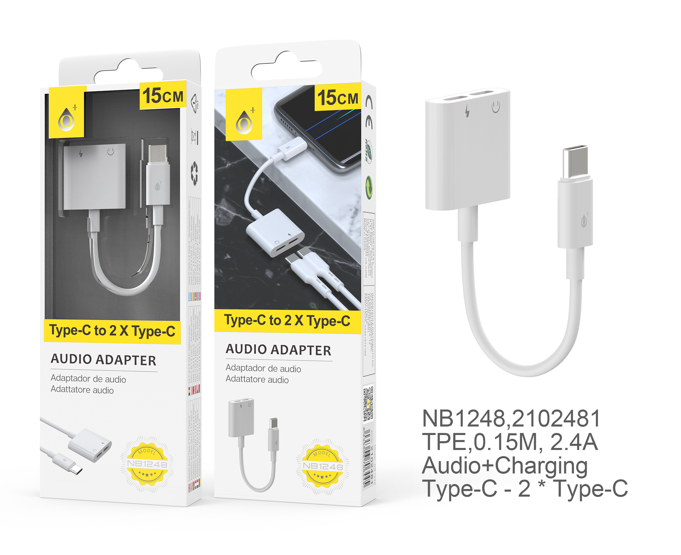BL NB1248 Cable Adaptador 2 En 1  TYPE C a Carga TYPE C +Audio TYPE C  ,0,15M, Blanco