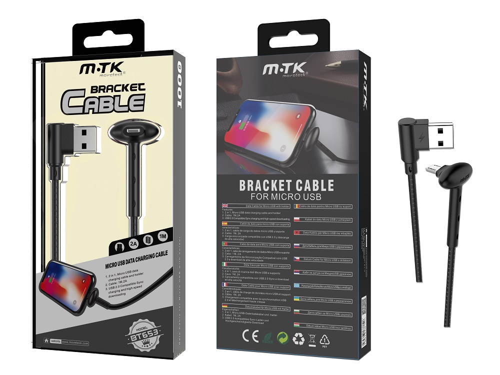 BT653 NE Cable de datos Bracket para Micro USB , con soporte , 2A , 1 M, Negro