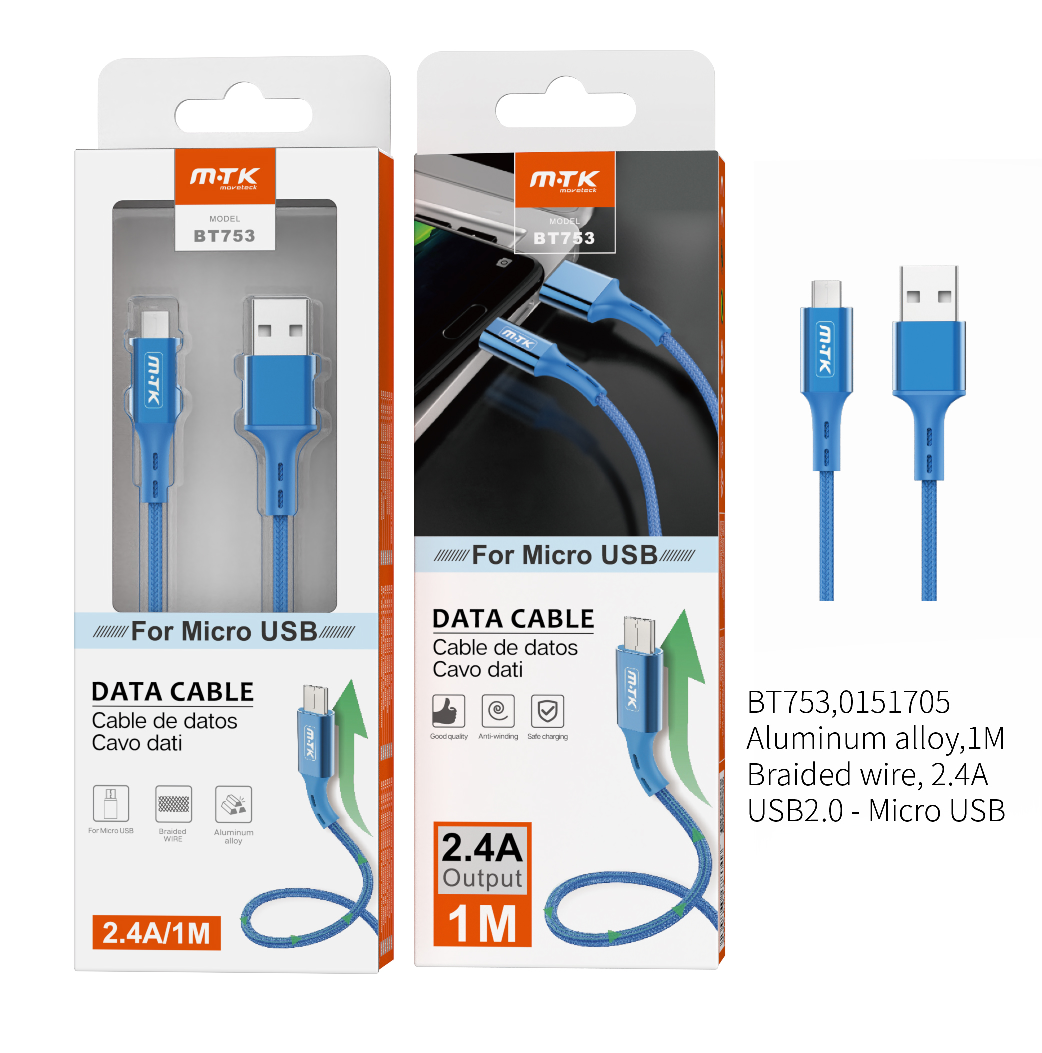 BT753 AZ Cable de Datos  Aluminio Flat para Micro USB , 2A  1M , Azul
