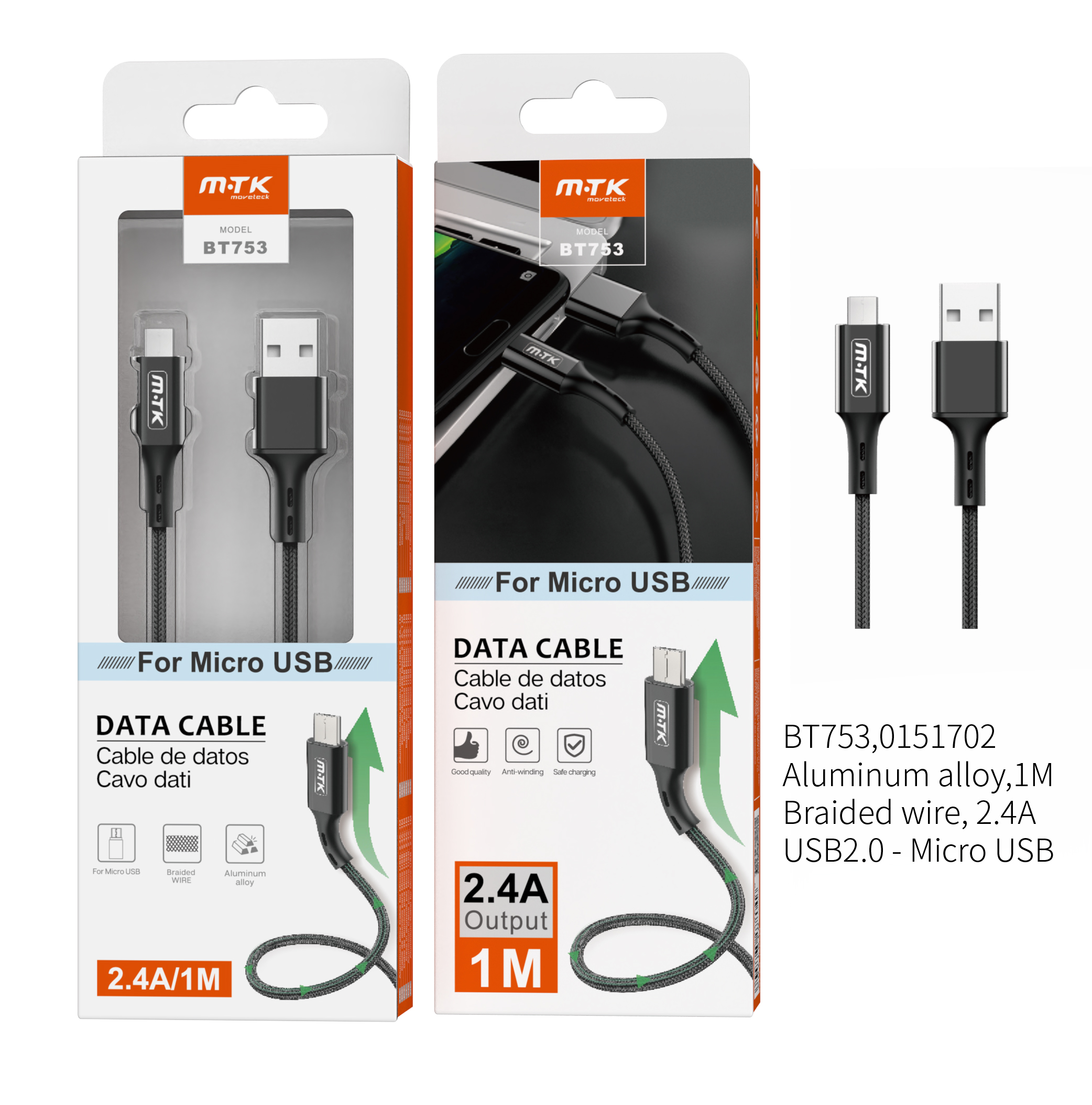 BT753 NE Cable de Datos  Aluminio Flat para Micro USB , 2A  1M , Negro