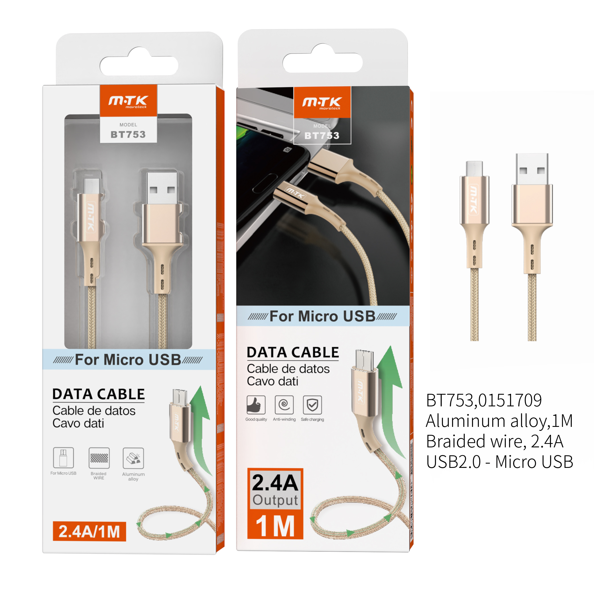 BT753 OR Cable de Datos  Aluminio Flat para Micro USB , 2A  1M , Oro