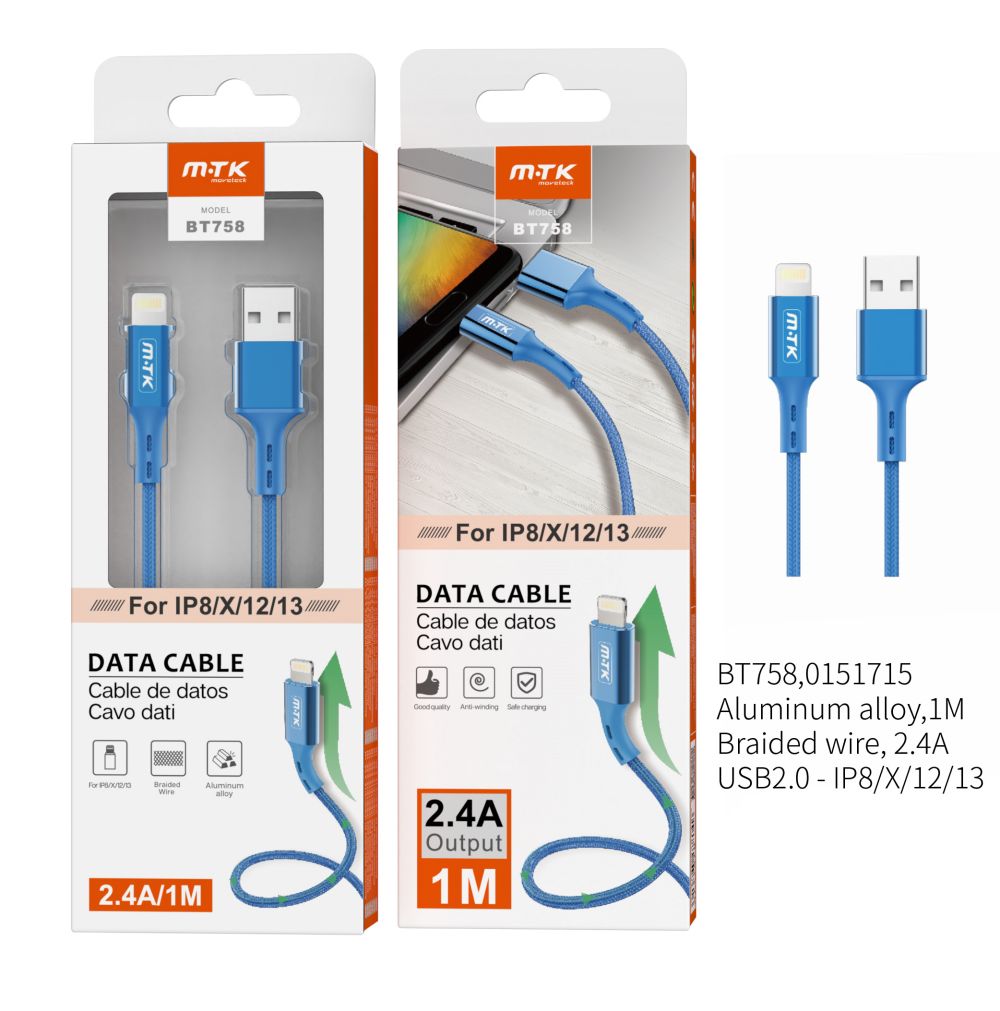 BT758 AZ  Cable de Datos  Aluminio Flat para IP 5/6/7/8X , 2A  1M , Azul
