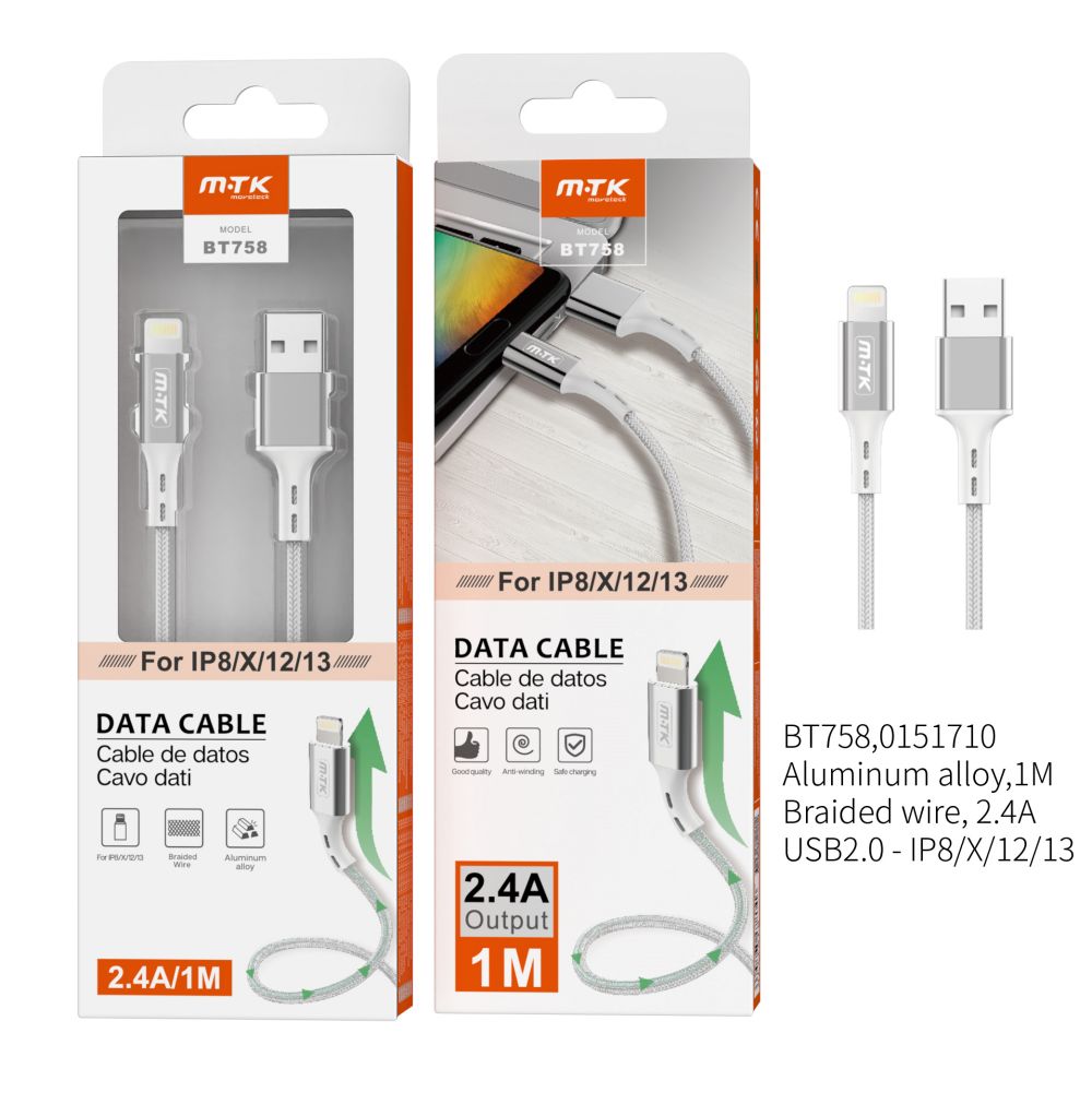 BT758 PL  Cable de Datos  Aluminio Flat para IP 5/6/7/8X , 2A  1M , Plata