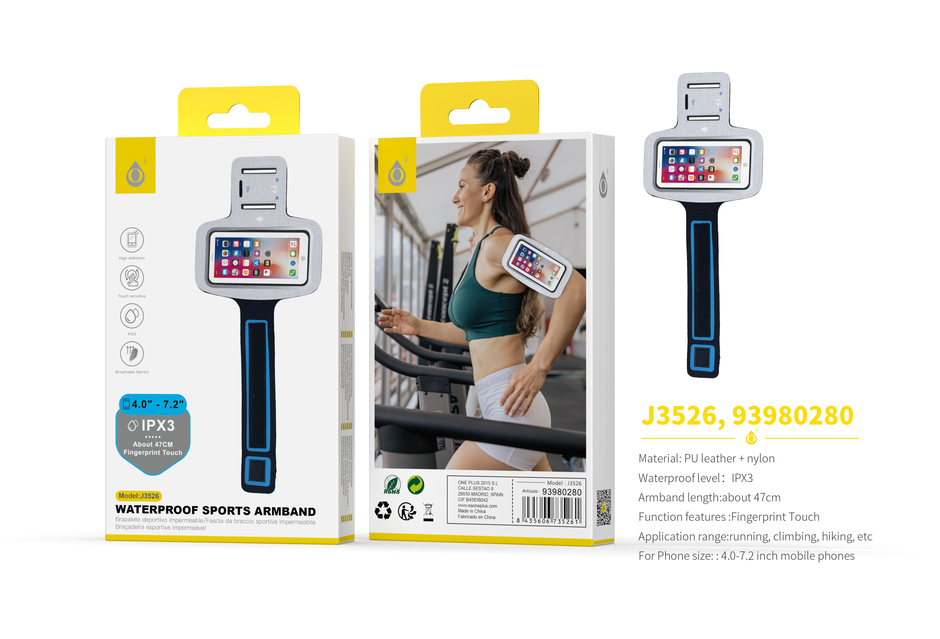 J3526 PT Armband Brazalete Deportivo, Tactil Impermeable IPX3, Brazo 47cm, para Movil 4-7.2 Pulgadas