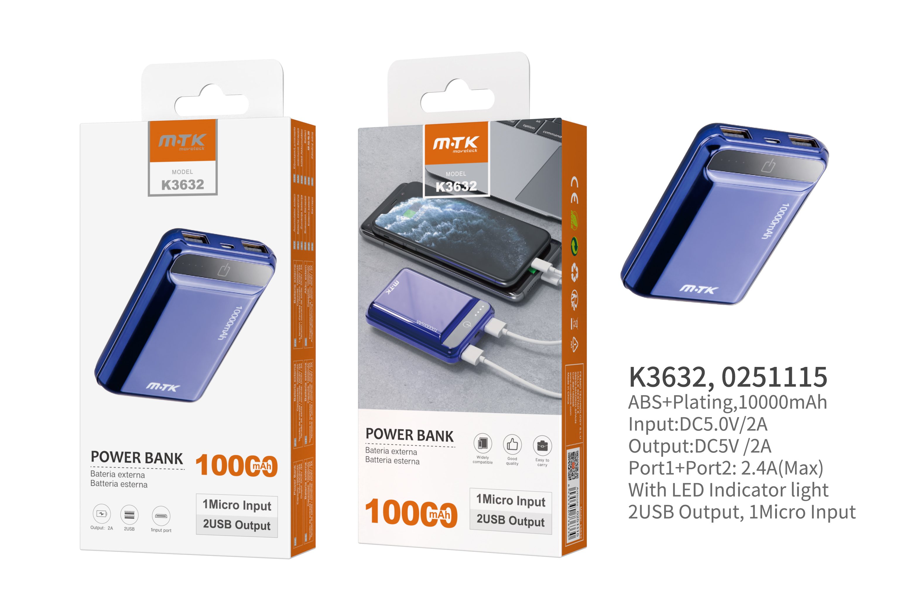 K3632 AZ Power Bank PocketStation 10000mAh, 2USB with LED Indicador, Azul