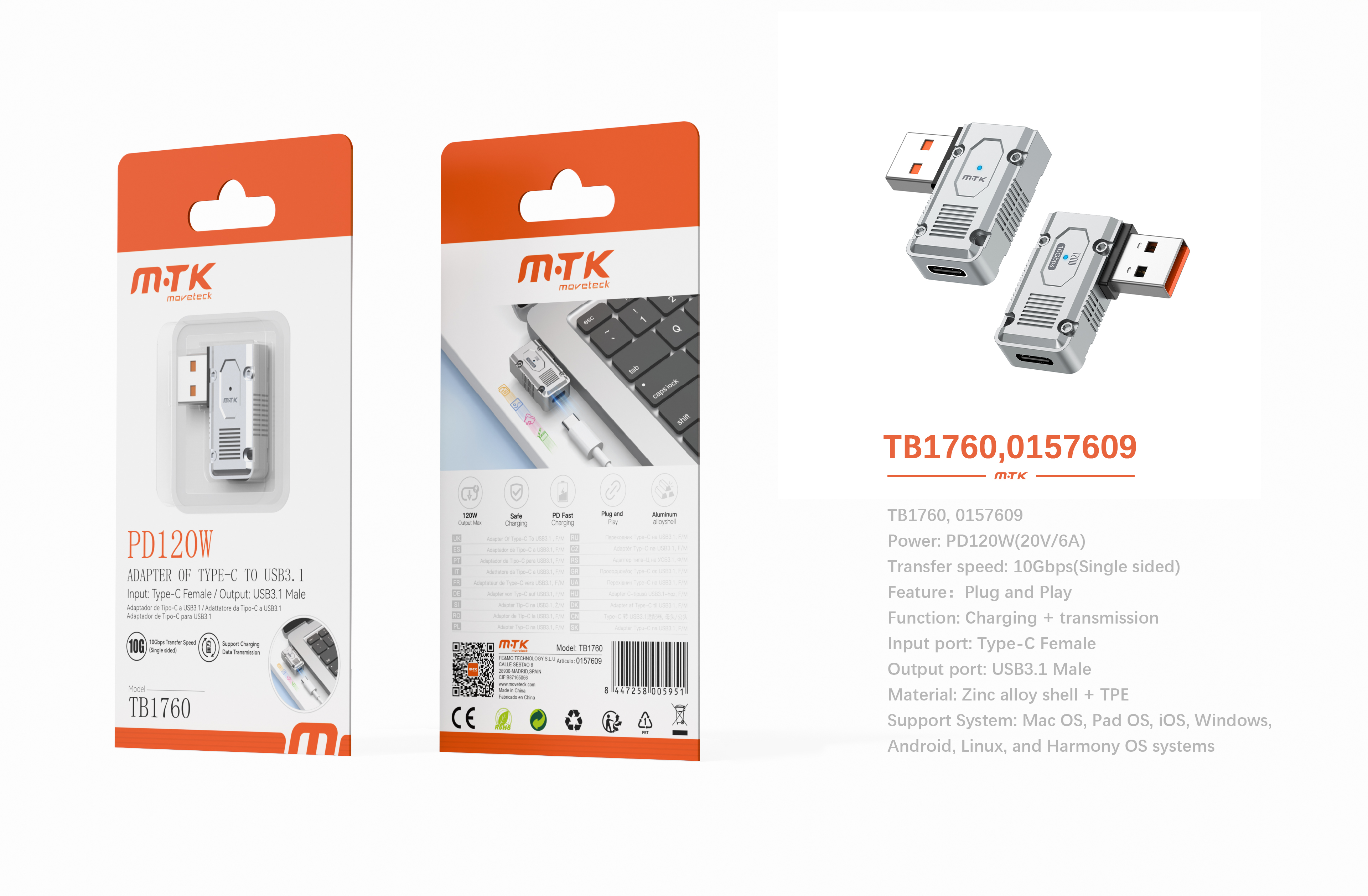 Luxury TB1760 GR Adaptador en L Type-C hembra a USB 3.1 Macho, PD 120W/20V/6A/10Gbps, Gris