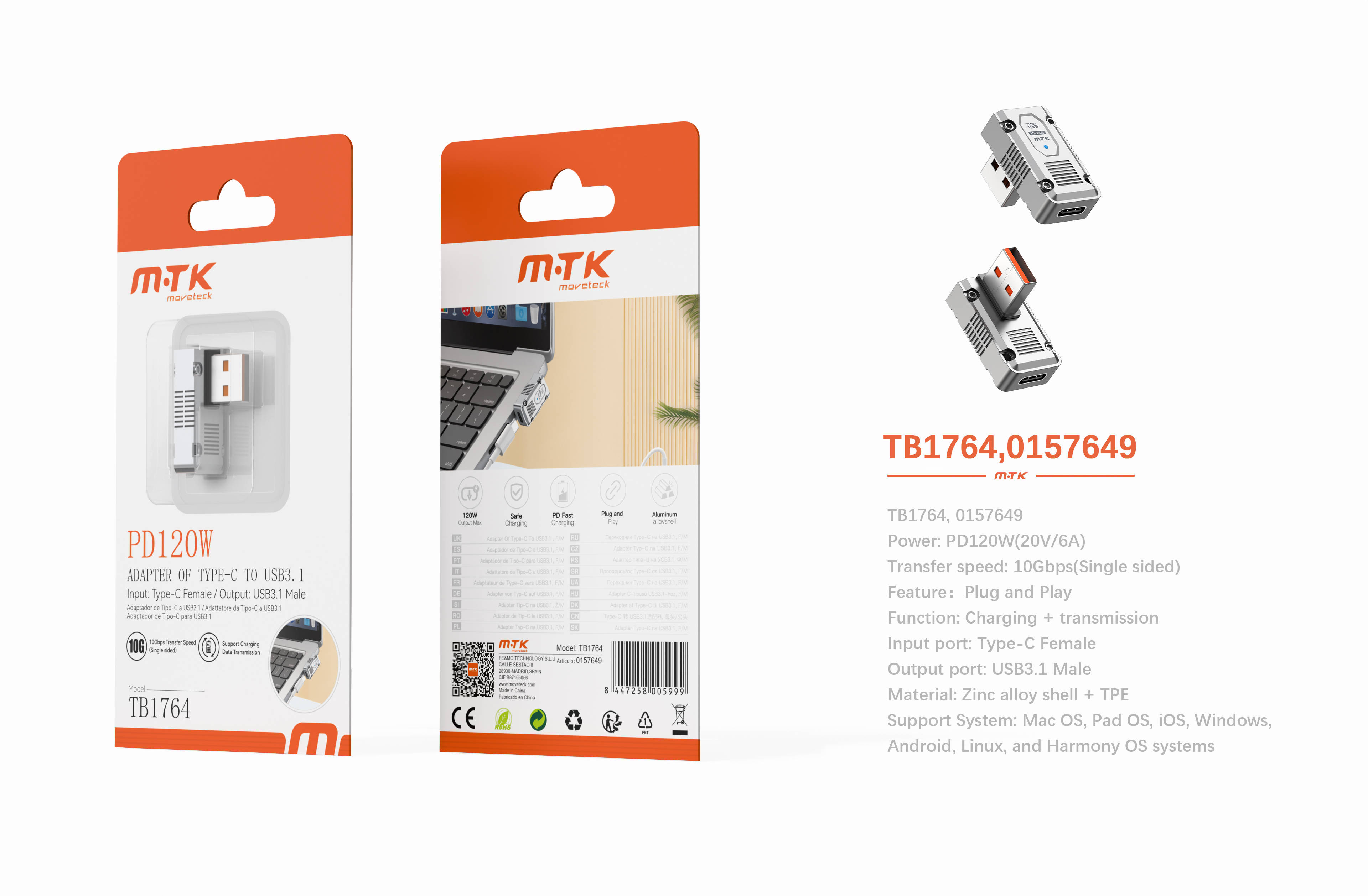 Luxury TB1764 GR Adaptador en T Type-C hembra a USB 3.1 Macho, PD 120W/20V/6A/10Gbps, Gris