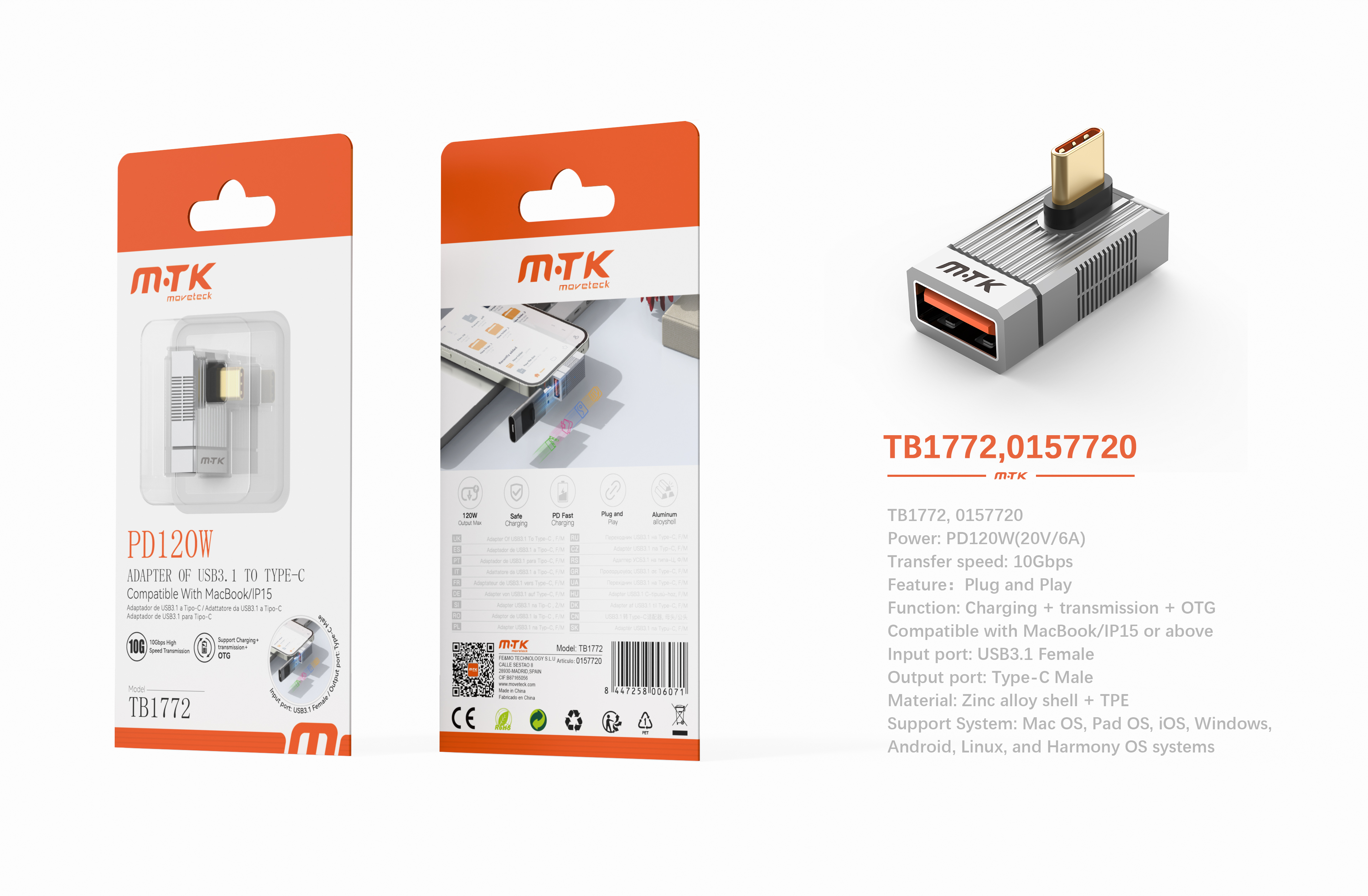 Luxury TB1772 GR Adaptador OTG en L USB 3.1 hembra a Type-C Macho, PD 120W/20V/6A/10Gbps, Compatible