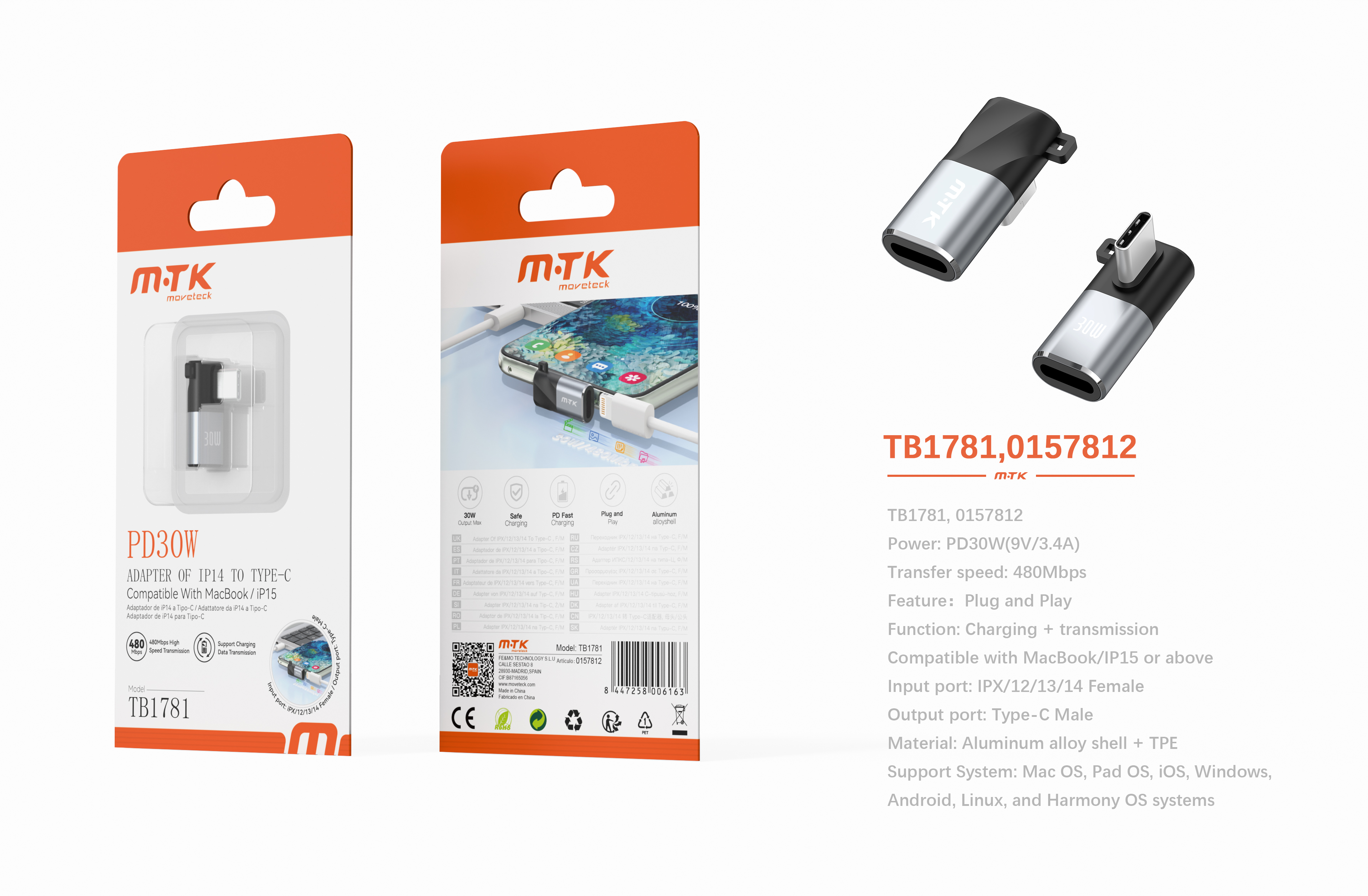 Luxury TB1781 GR Adaptador aluminio en T Iphone hembra a Type-C Macho, PD 30W/9V/3.4A/480Mbps,Compat