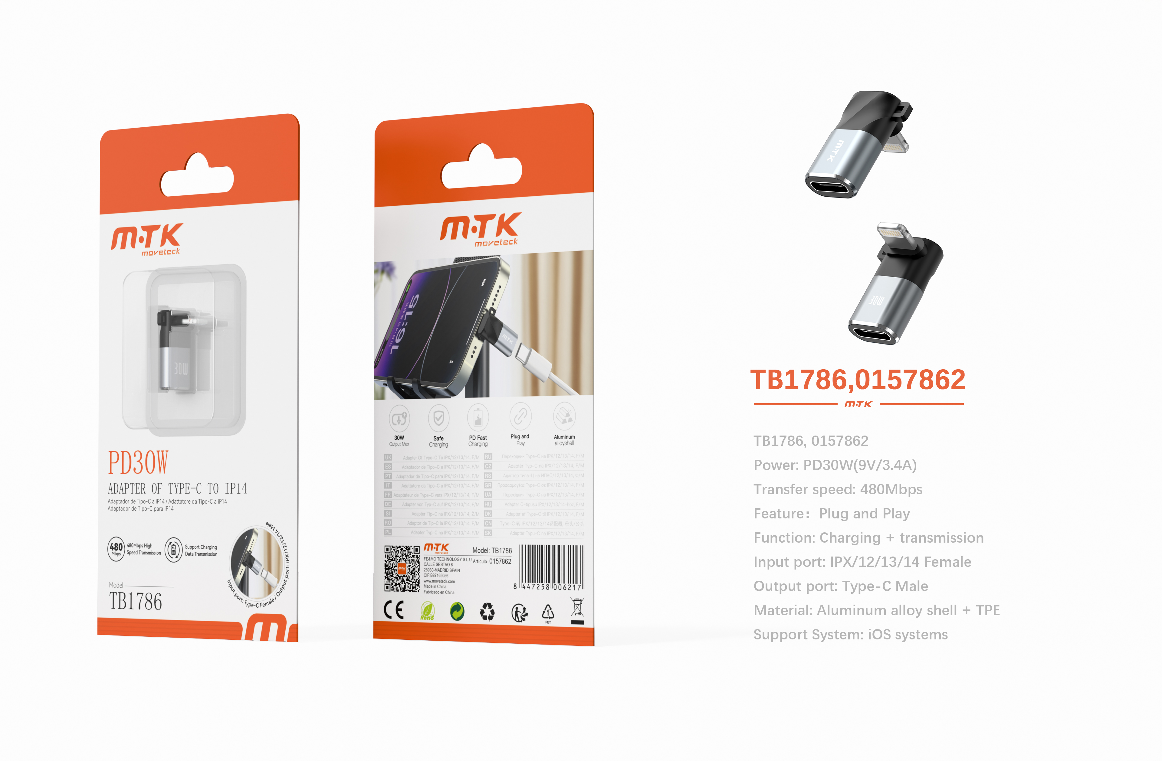 Luxury TB1786 GR Adaptador aluminio en L Type-C hembra a Iphone Macho, PD 30W/9V/3.4A/480Mbps, Gris