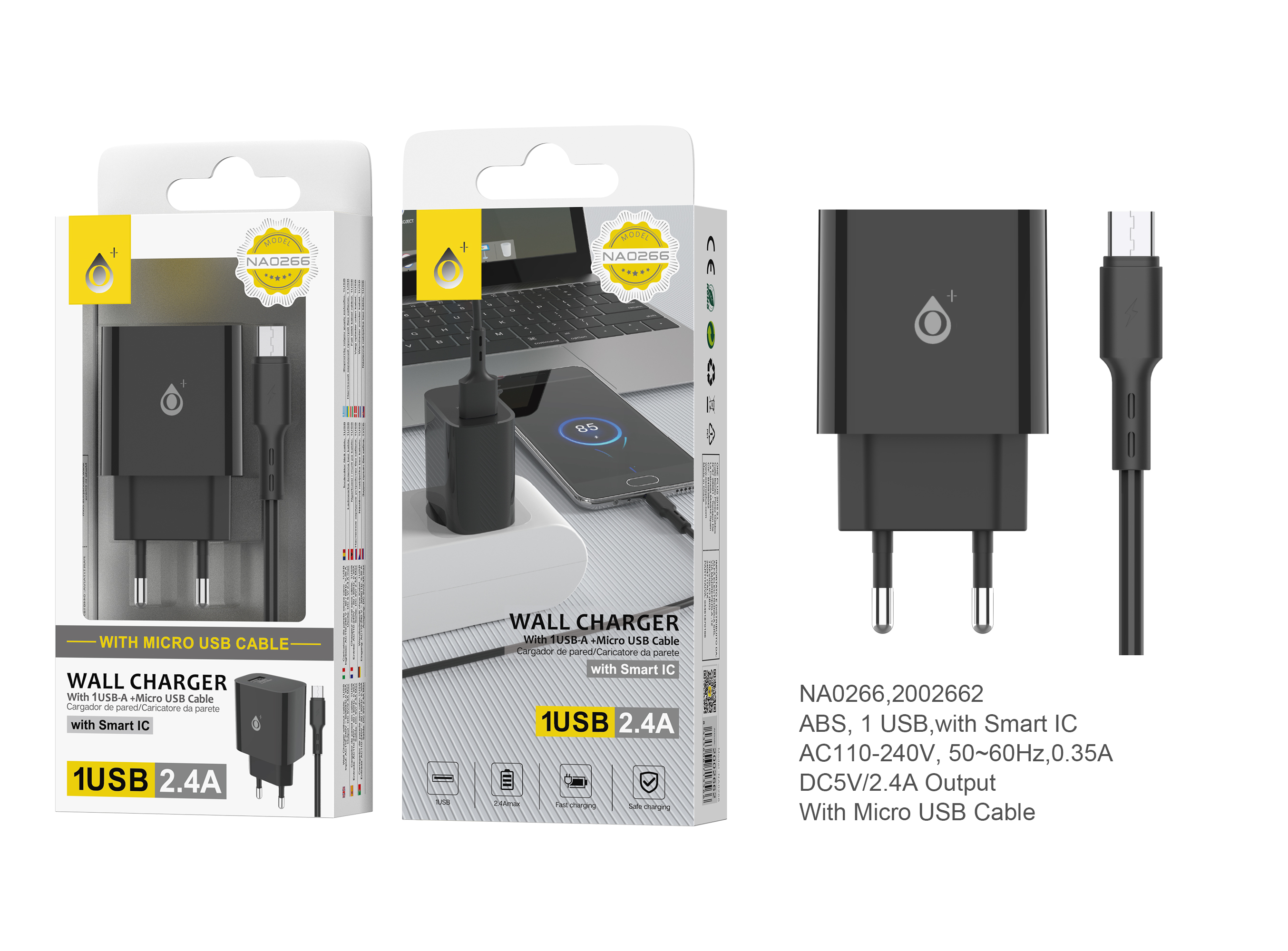 NA0267 BL Cargador de Pared Lora con Cable Micro USB, con Chip de Reconocimiento Inteligente,  1 USB