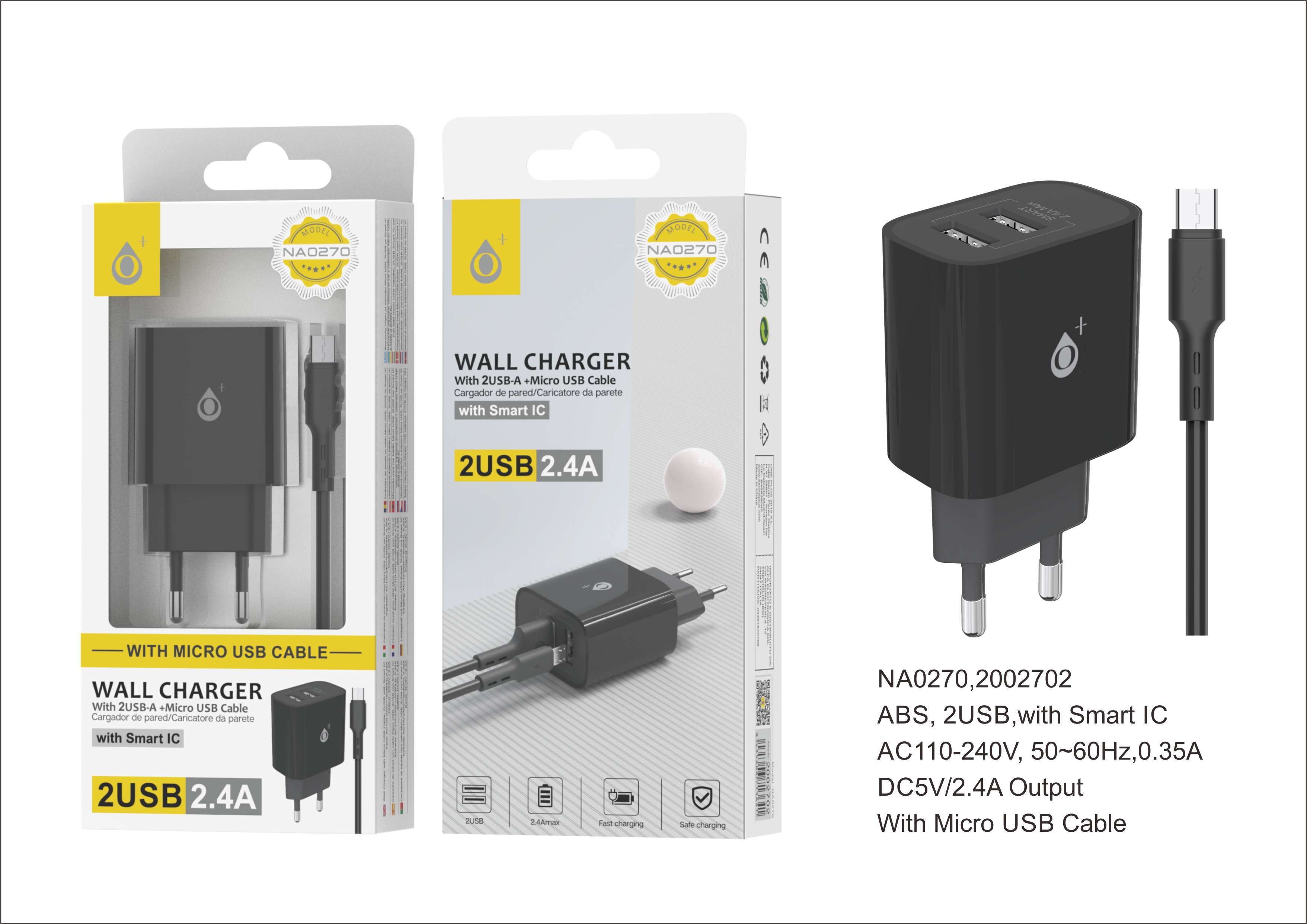 NA0270 NE Cargador de Pared Lora con Cable Micro-USB, con Chip de Reconocimiento Inteligente,  2 USB
