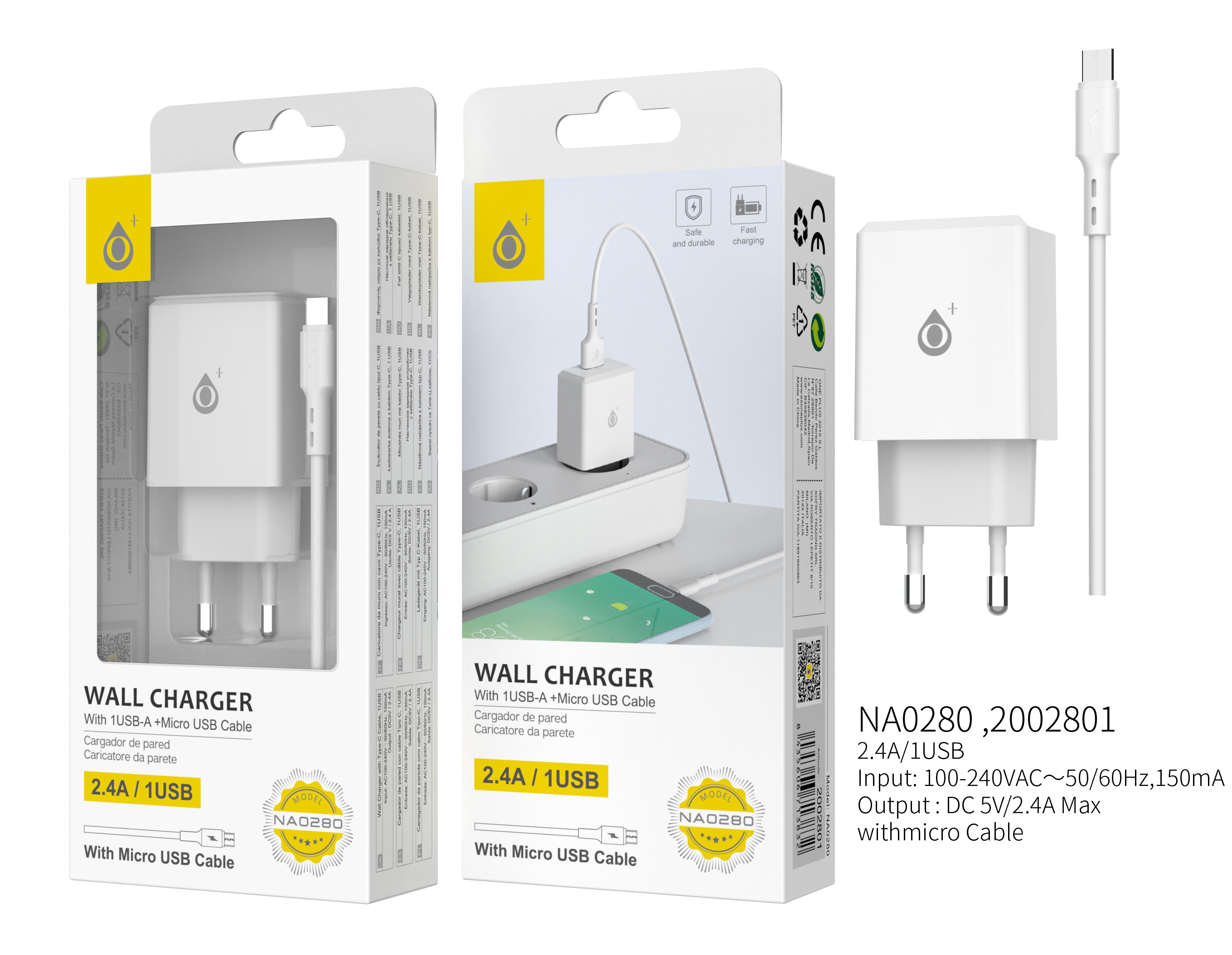 NA0280 BL Cargador de Red Eliza 1 USB con cable MicroUSB , 2.4A,Blanco