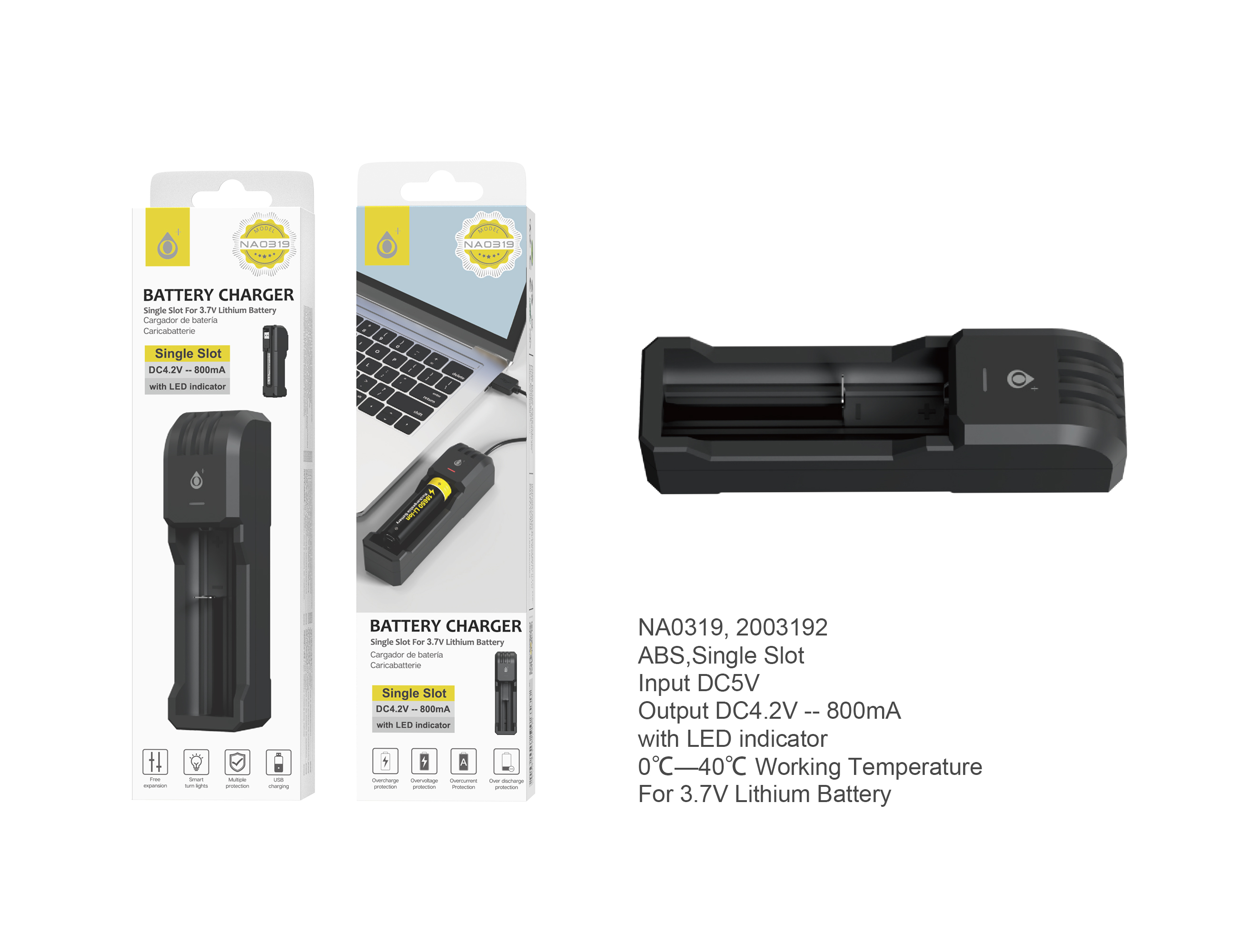 NA0319 NE Cargador USB de Bateria de Litio Recargable 18650   ,Con luz de Indicador,negro