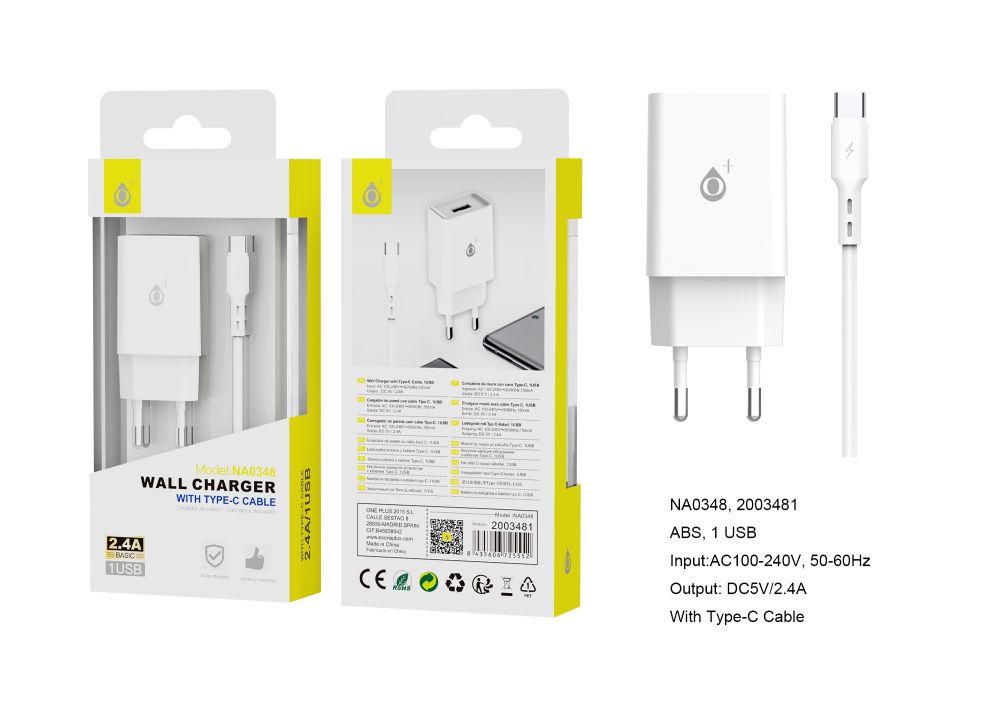 NA0348 BL Cargador de Red S. Basic  Clover 1 USB Con cable Type-C  2.4A, Blanco