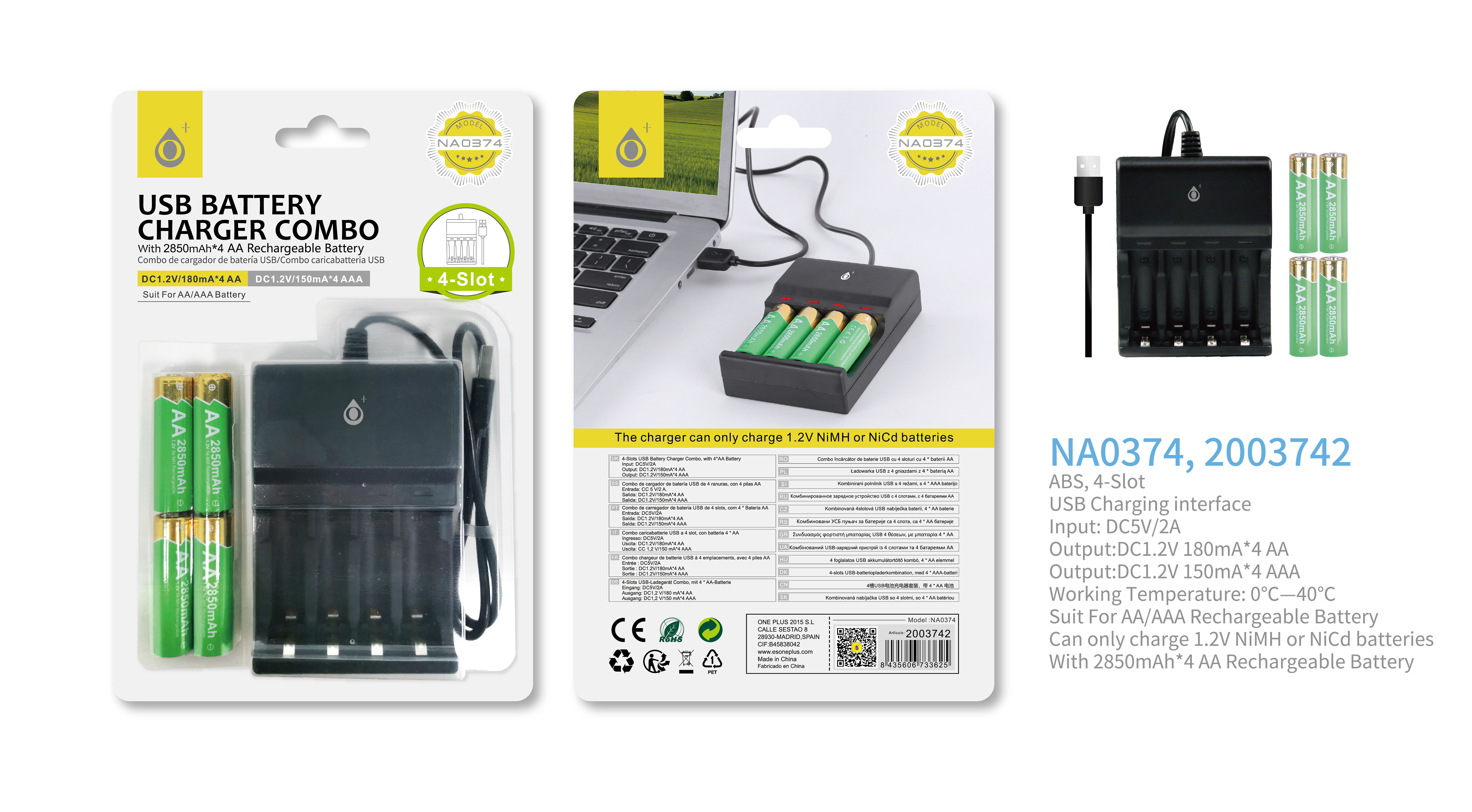 NA0374 Cargador USB de Pilas Ni-MH o NiCd (AA/AAA 1.2V), Incluye 4 Pilas Recargable AA 2850mAh Ni-MH